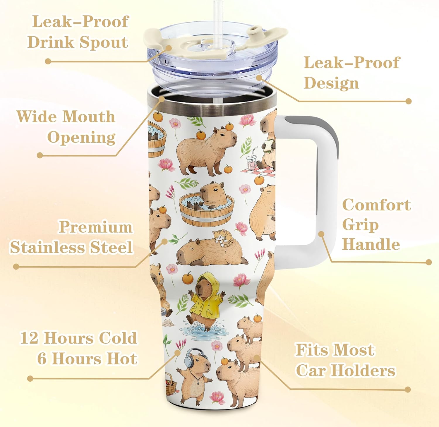 Capybara Gifts for Women, Stainless Steel Insulated Tumbler Travel Mug Cup with Lid and Straw, Capybara Stuff for Girls - Image 4