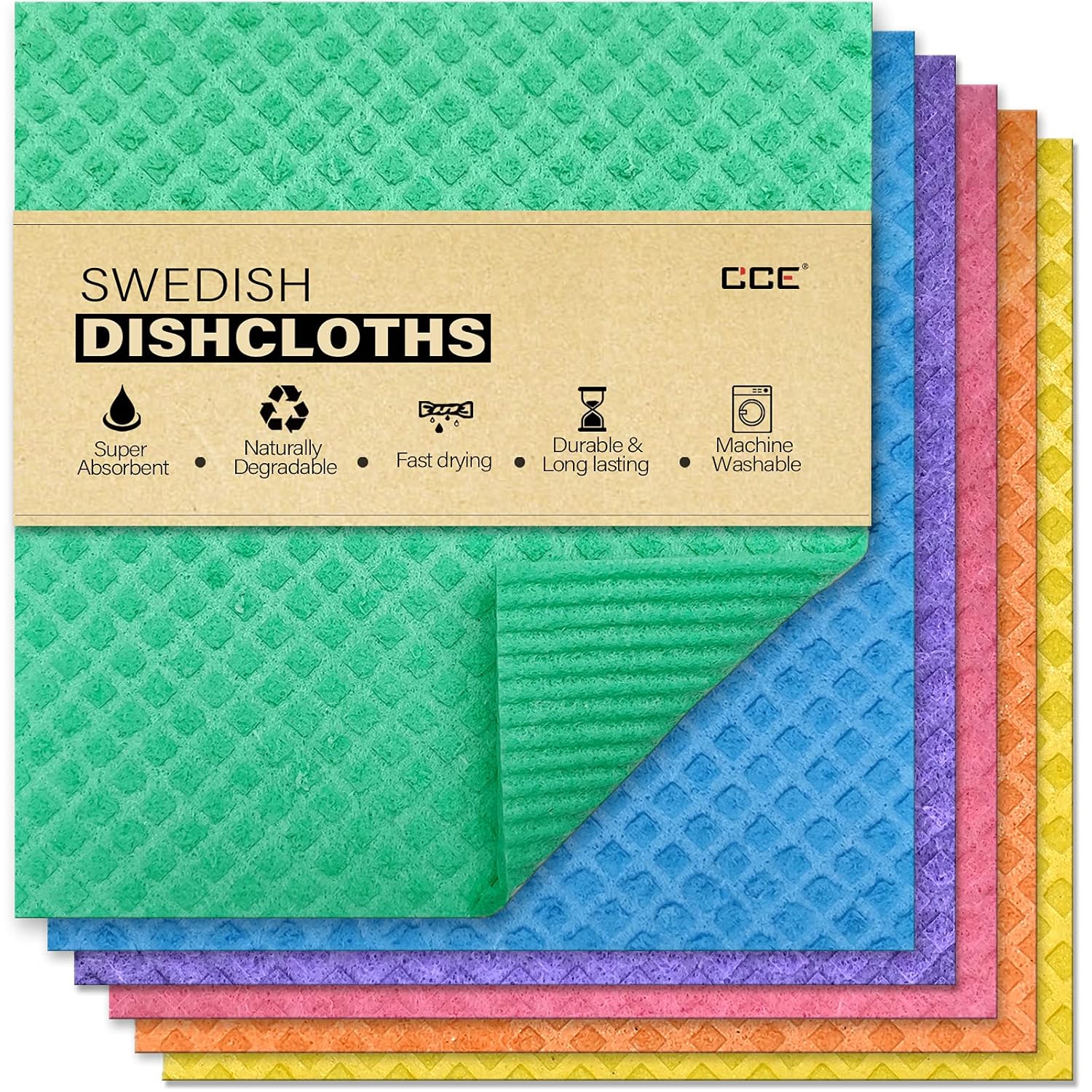 CCE Swedish Dishcloths Cellulose Sponge Cloths 6 Pack Eco-Friendly Reusable Cleaning Dish Cloths for Kitchen Absorbent Swedish Dish