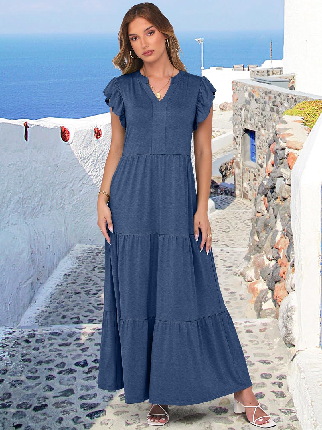 ANRABESS Womens Summer Casual Maxi Dress V Neck Ruffle Sleeve Long Dresses Fashion Flowy Tiered Boho Beach Vacation Sundress - Image 8