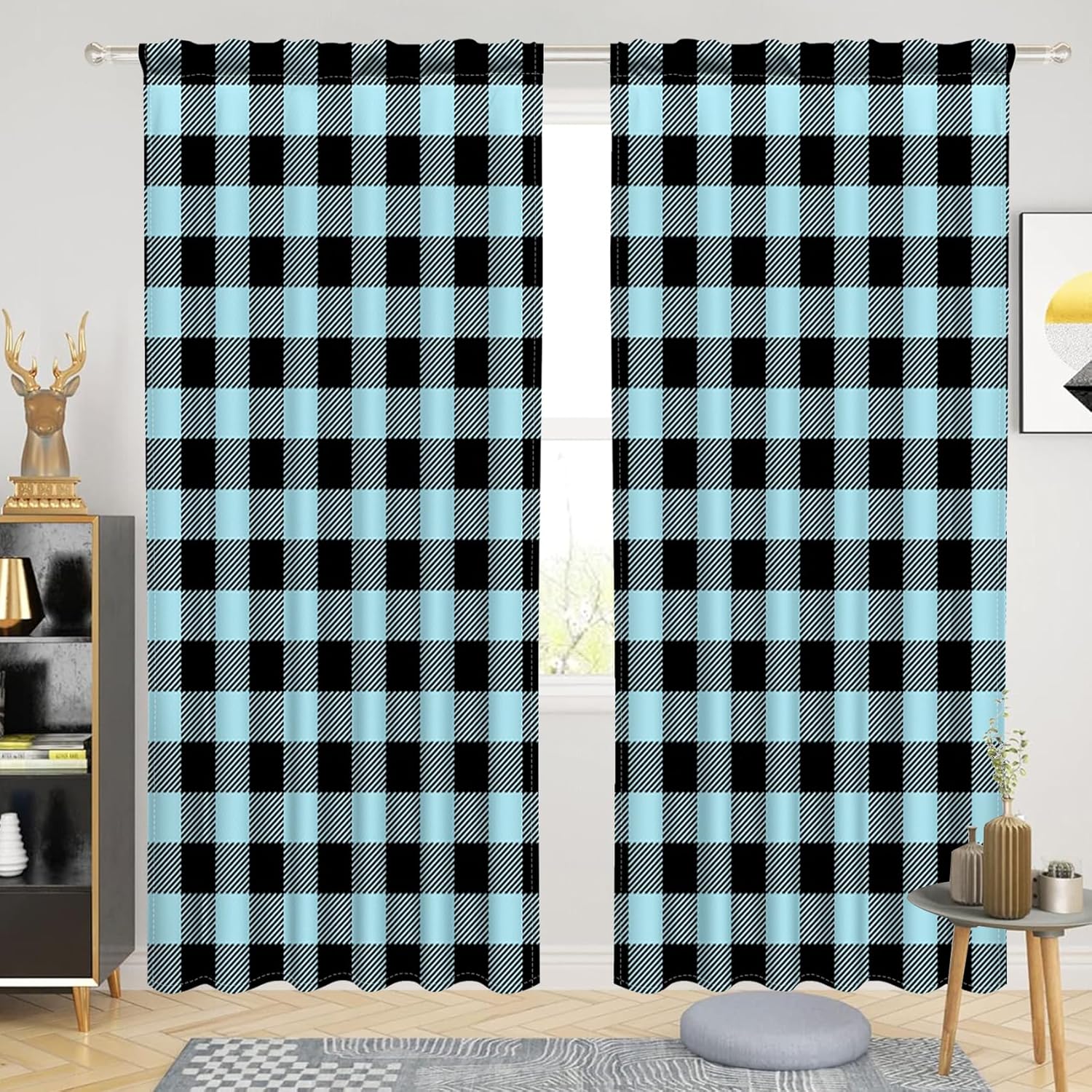 Renaiss 42 x 63 Inch Linen Buffalo Plaid Check Curtains Blackout Room Darkening Thermal Insulated Brown Buffalo Checkered Window Drapes Farmhouse Bedroom Living Room Rod Pocket Tab Curtain 2 Panels