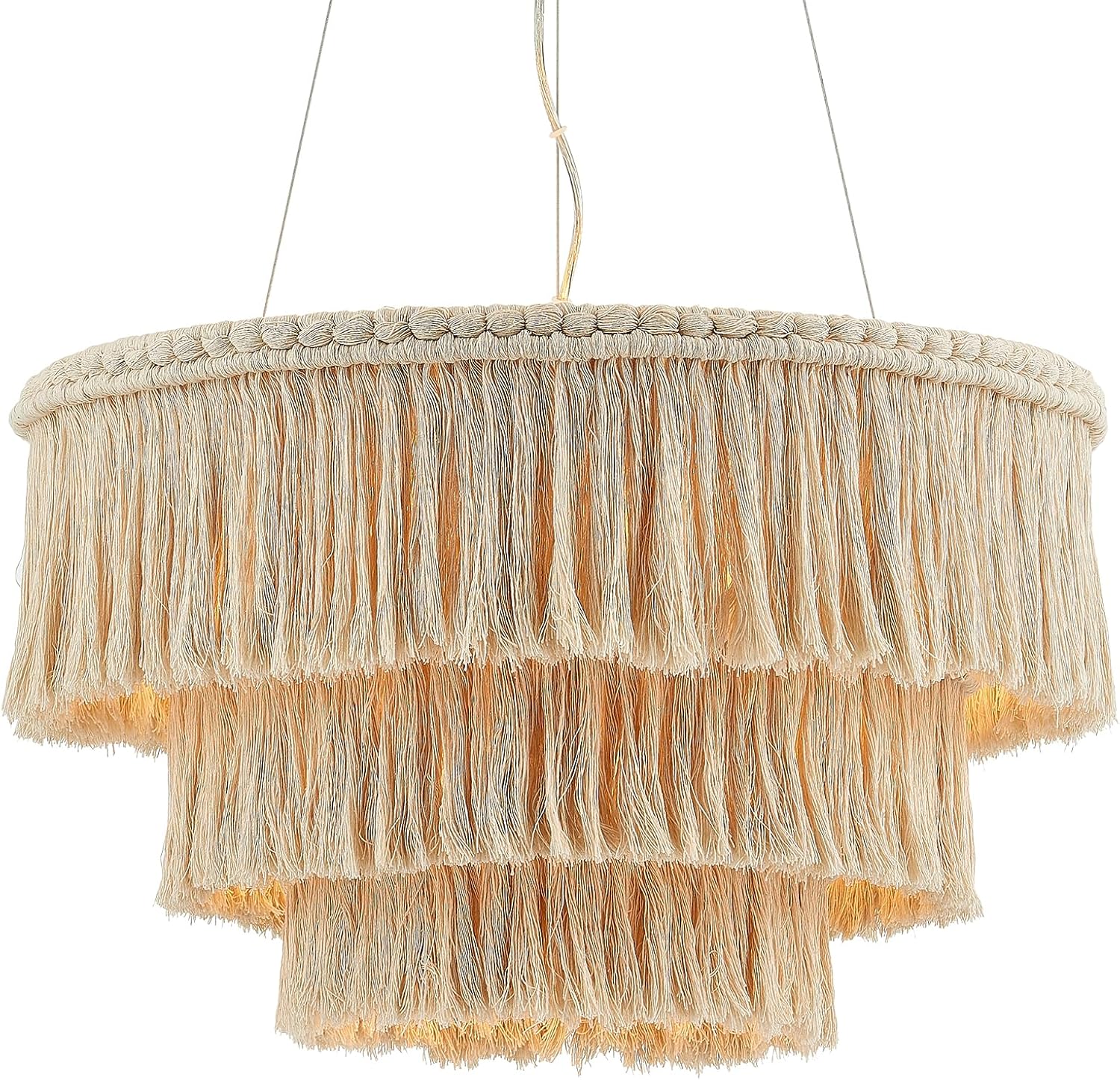 24” Fringe Chandelier with Tassels 3-Tier Boho Hand Woven Pendant Light for Dining Room Kitchen Island Living Room Foyer, UL Listed