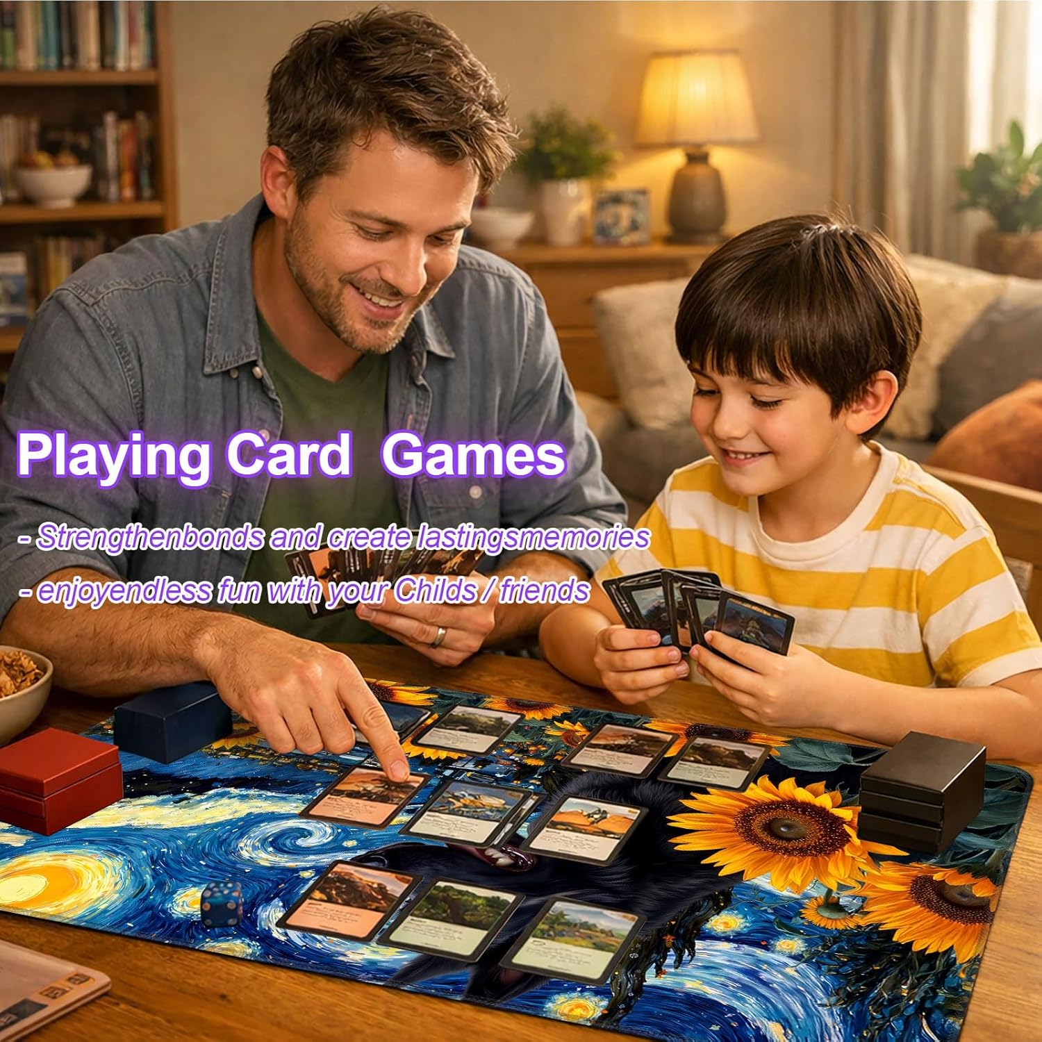 for MTG Playmat 24 x 14 Inches with Storage Bag, Magic The Gathering Playmat with Non-Slip Rubber Base, TCG Card Game Mat for MTG, Commander, Lorcana, Dog in Sunflower Field