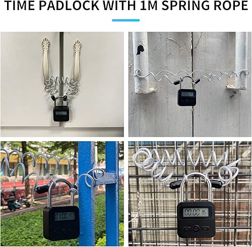 Miniatura 8 de Cerradura de combinación, bloqueo de temporizador de metal, temporizador de tiempo recargable por USB con cuerda de resorte de 3.3 ft, 99 horas de