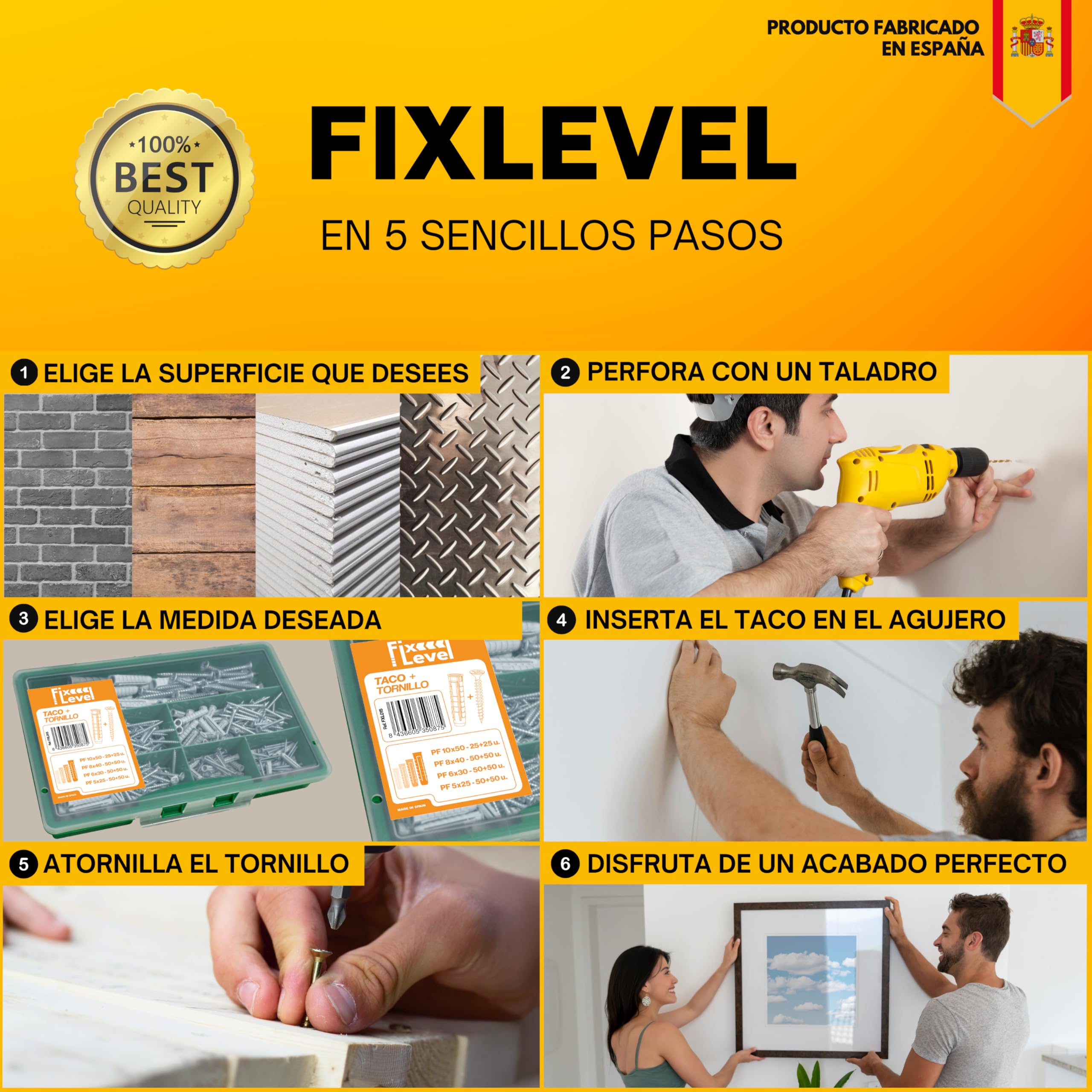Tacos pared - Caja en Cantidad de Tacos - FixLevel - Tacos Pladur - Material Nylon - Diferentes Medidas 6mm, 8mm, 10mm - Tacos universales (6 mm, 3000, Unidad)