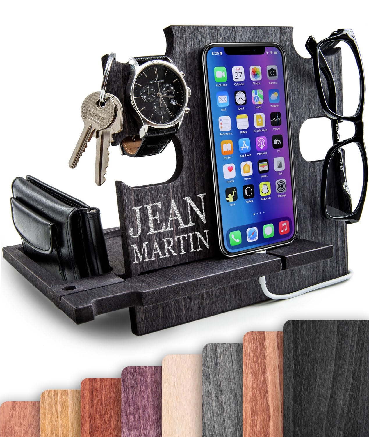 Station d&rsquo;accueil pour téléphone en bois pour hommes, organisateur pour hommes, cadeaux pour hommes pour anniversaire, idées de Noël pour hommes (ébène)