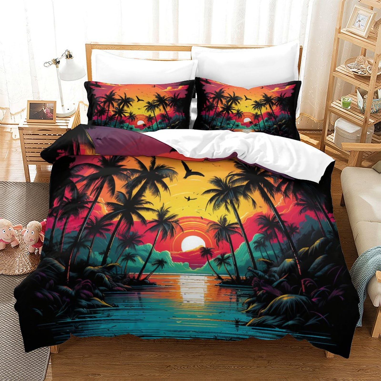 Housse de couette 260x220 imprimé nature 3D avec taie d'oreiller grand lit