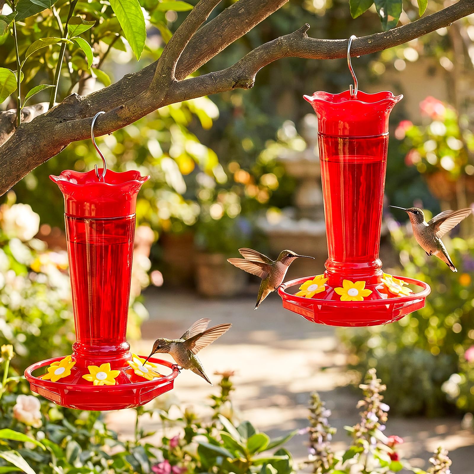 Gbekery Comederos de vidrio para colibríes para colgar al aire libre, a prueba de hormigas y abejas, color rojo, 10 onzas, paquete de 2 comederos para aves para colgar en exteriores, 5 estaciones