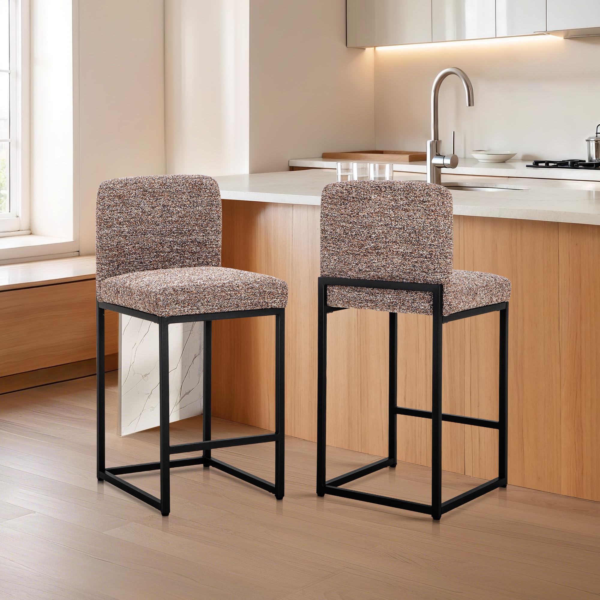 ALPHA HOME 24 Inch Counter Height Bar Stools with Back, Chenille Kitchen Counter Stools Set of 2, Upholstered Bar Chairs for Kitchen Island Home Bar