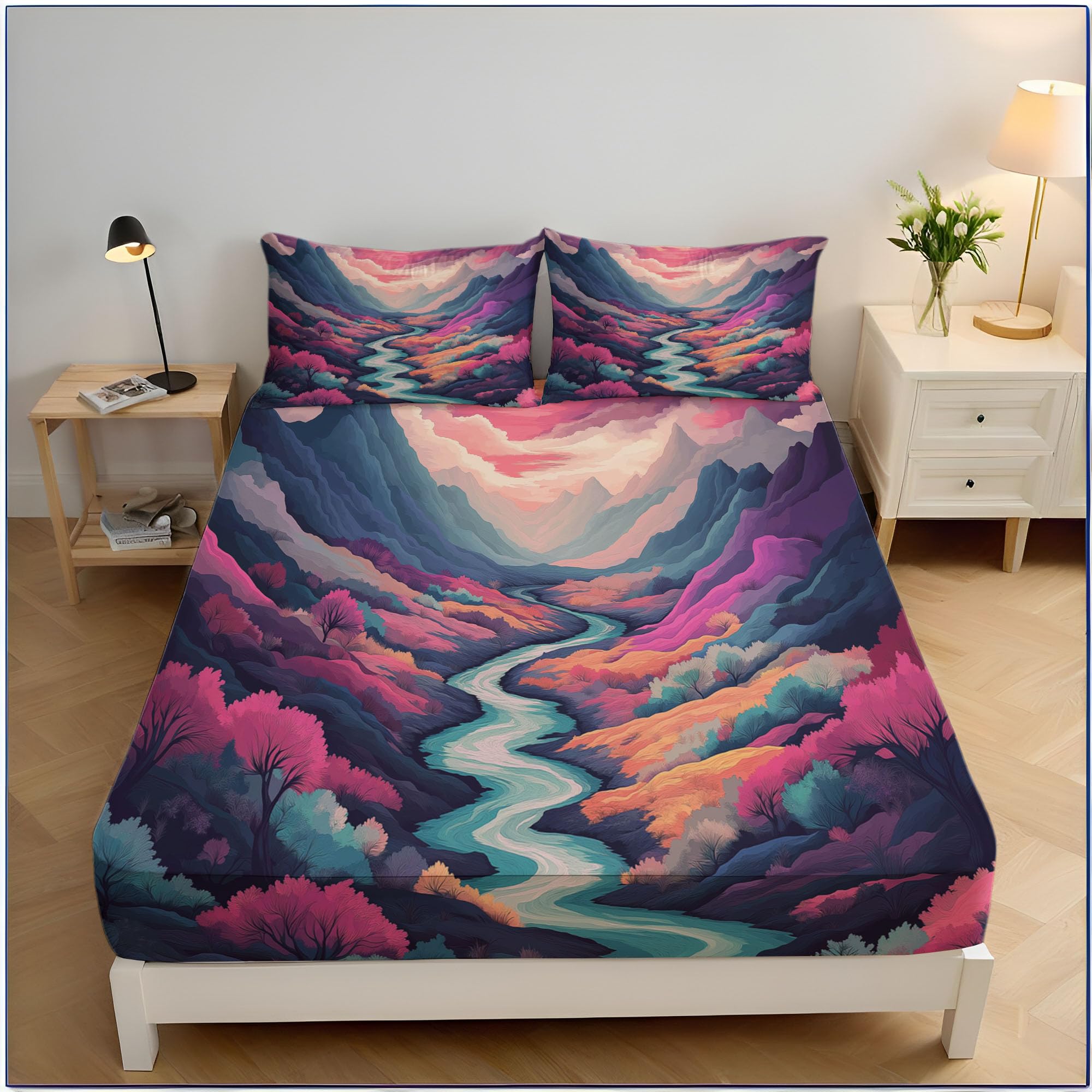 Drap de lit montagnes forestières pour une déco de chambre évasion