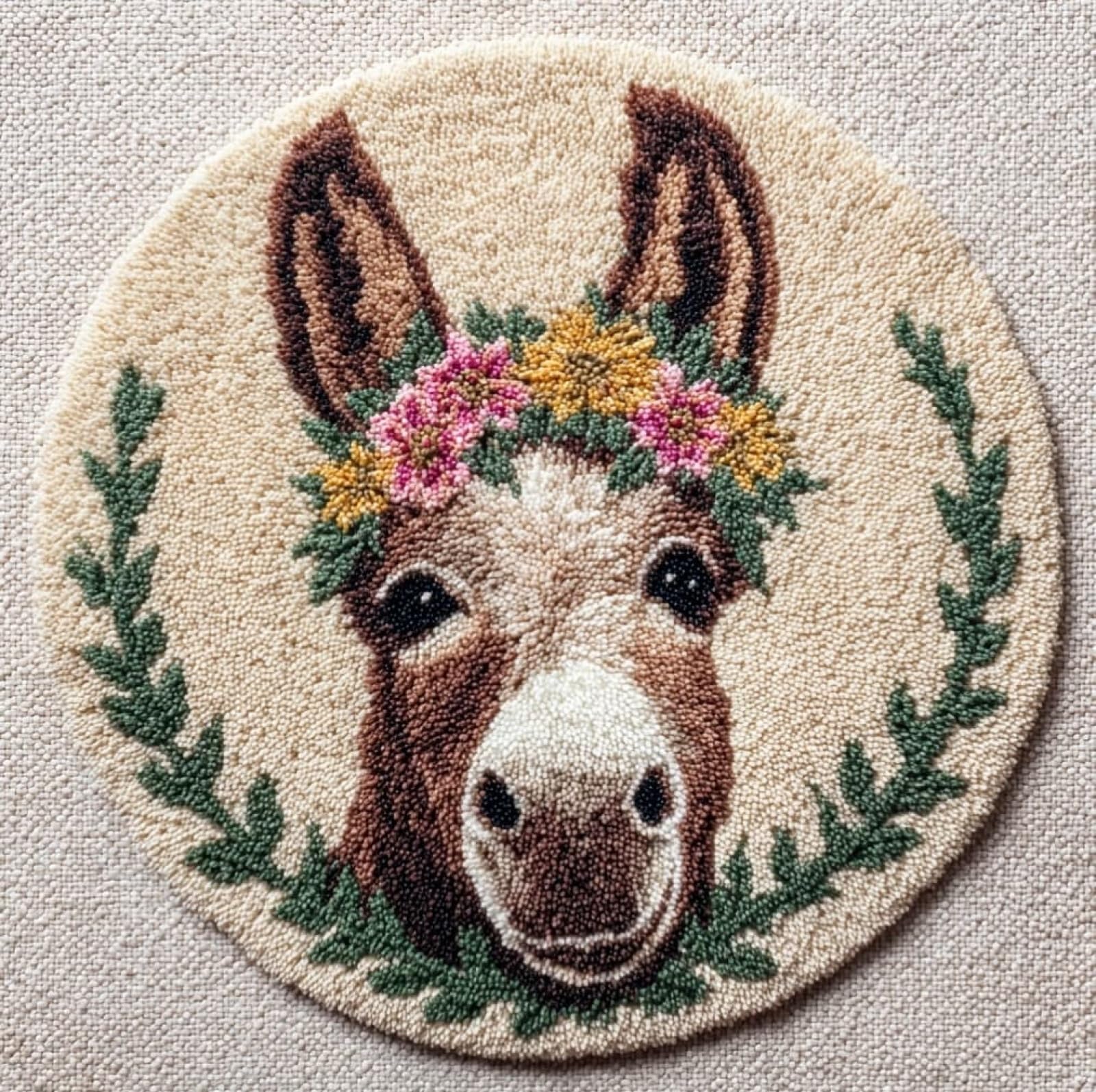 WallustrioaW Latch Hook Rug Kits for Adults Beginners,Donkey Wearing a Flower Wreath,DIY Craft Doormat Carpet Making Kit Tapestry Gift Home Decorations,50x50cm