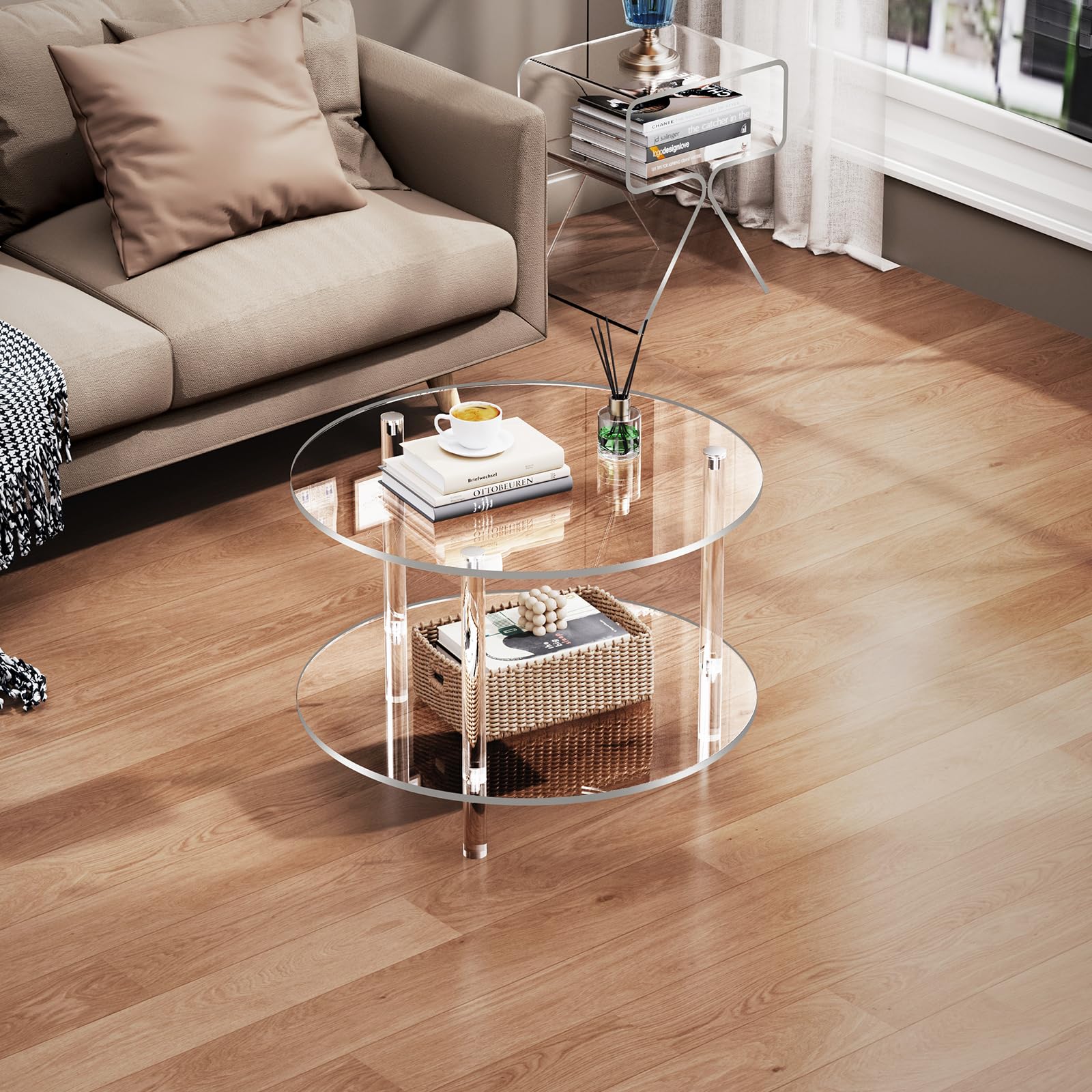 Mesa de centro acrílica, pequeña mesa de centro redonda moderna para sala de estar, 23.6 pulgadas de profundidad x 23.6 pulgadas de ancho x 16.5 pulgadas de alto 6