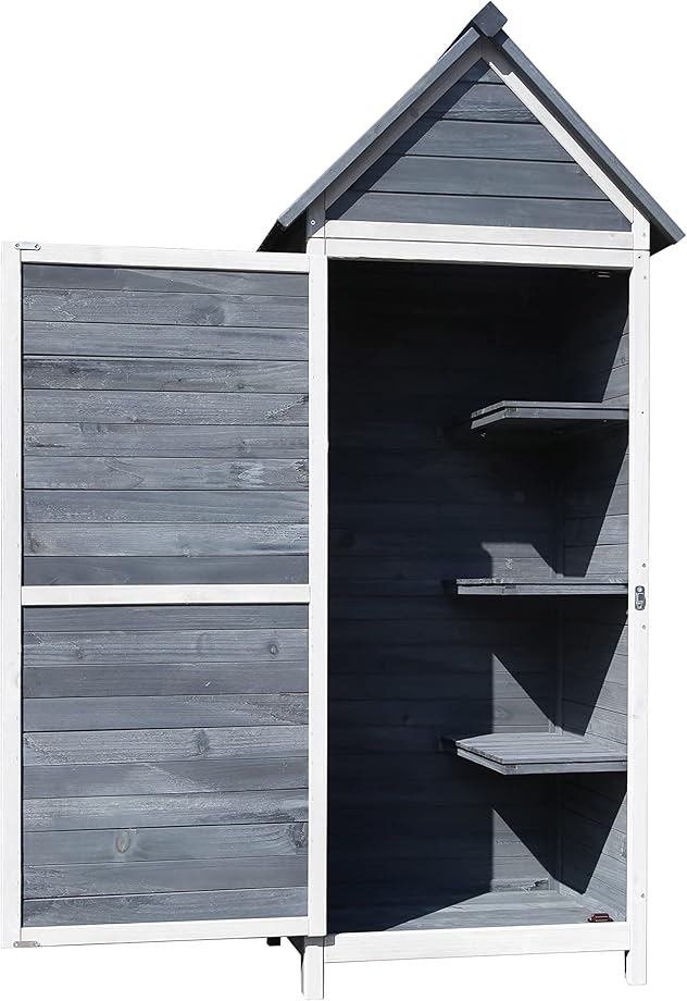 Wiltec armadio da giardino in legno grigio 77x53x179 cm con porta a battente e tetto