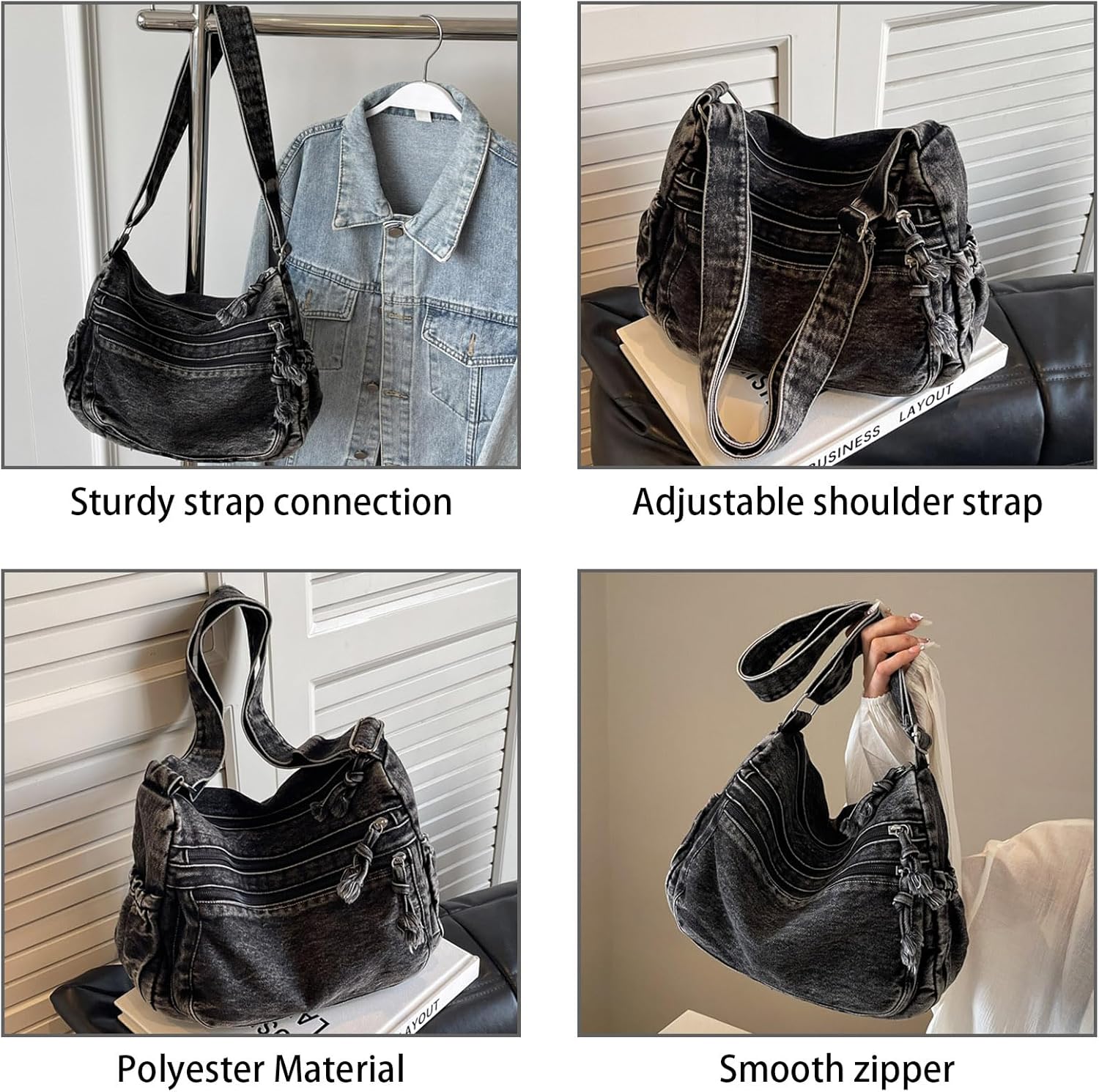 Large Denim Purses for Women Denim Tote Bag Casual Retro Crossbody Lightweight Shoulder Bag Canvas Handbags - Image 4