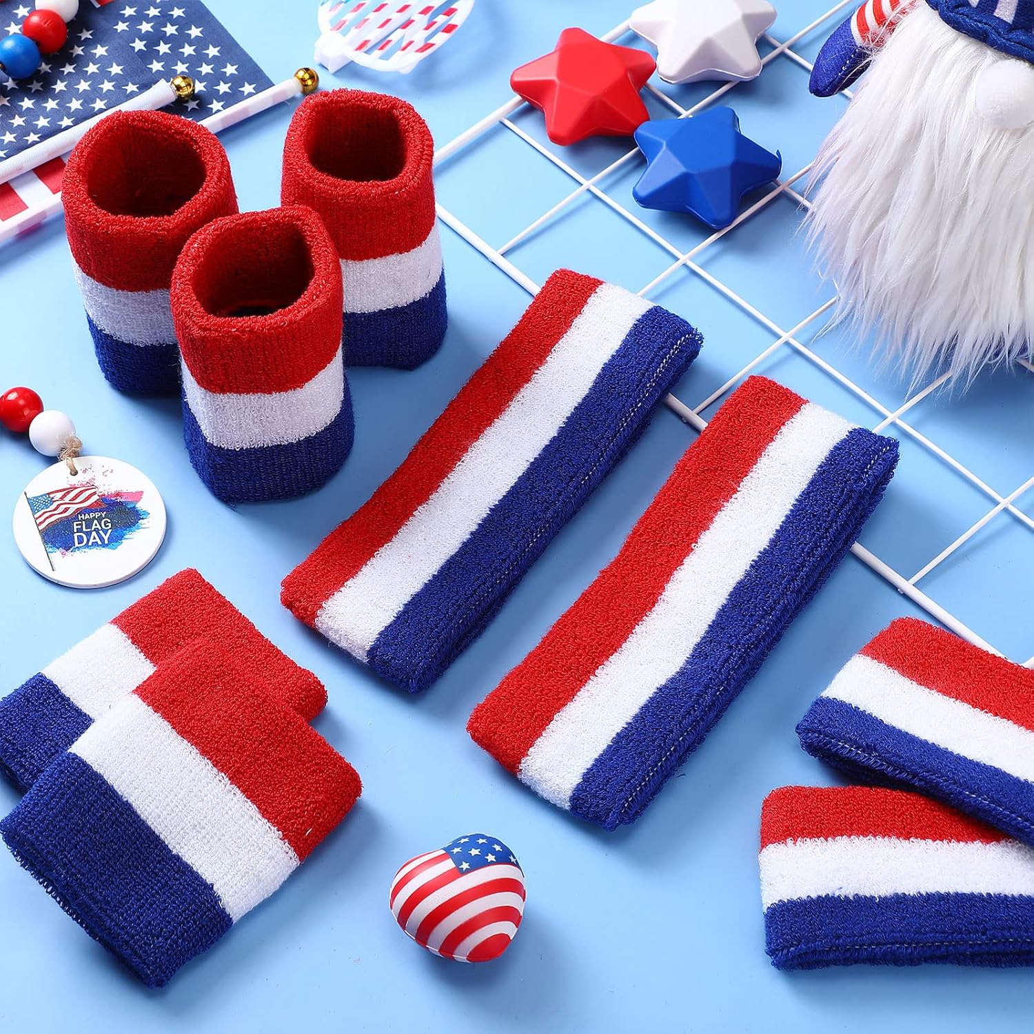 Deekin 12 Sets Bulk Striped Sweatband Set Kids Headband Wristband Set American Flag Style Athletic Gym Wristbands for Men Women Activities Sports Basketball Football Tennis - Image 7