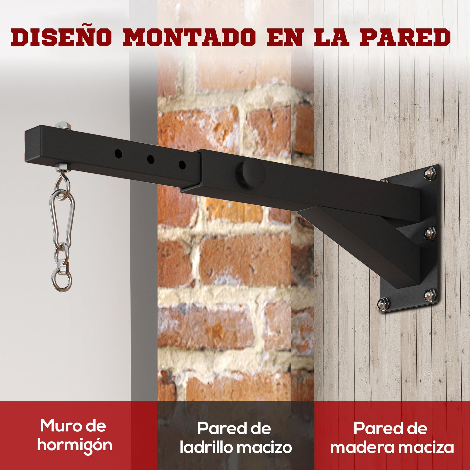 SPORTNOW Soporte Saco Boxeo de Pared, Distancia Ajustable 45-65 cm, Gancho Giratorio 360°, Cadenas, Carga 60 kg, Negro
