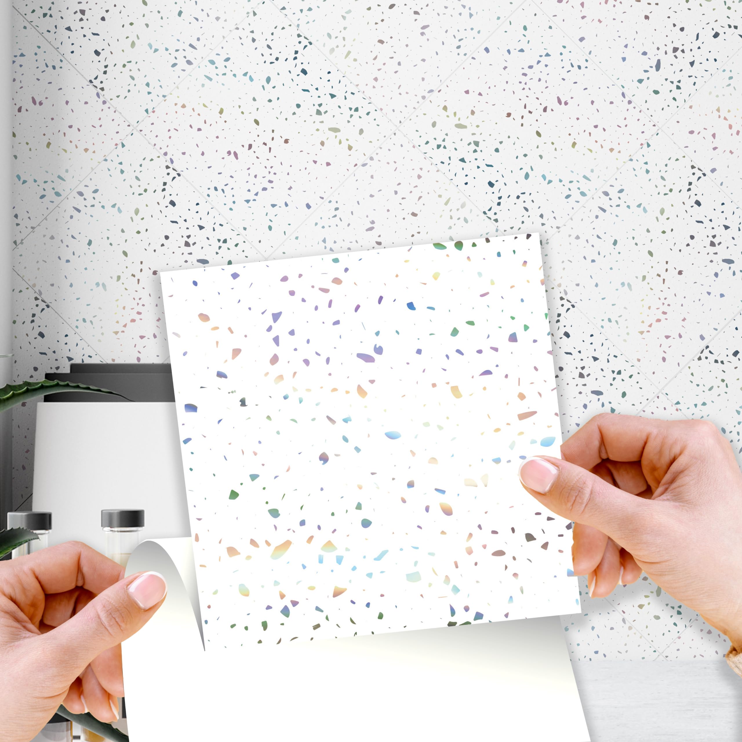 WALPLUS15cm(6"") 24pcs Terrazzo Holographic Glitter Silver Wall Tile Sticker, Self Adhesive Wall Tiles Stickers for Kitchen Bathroom Tile, WT1604 (Colors May Vary)