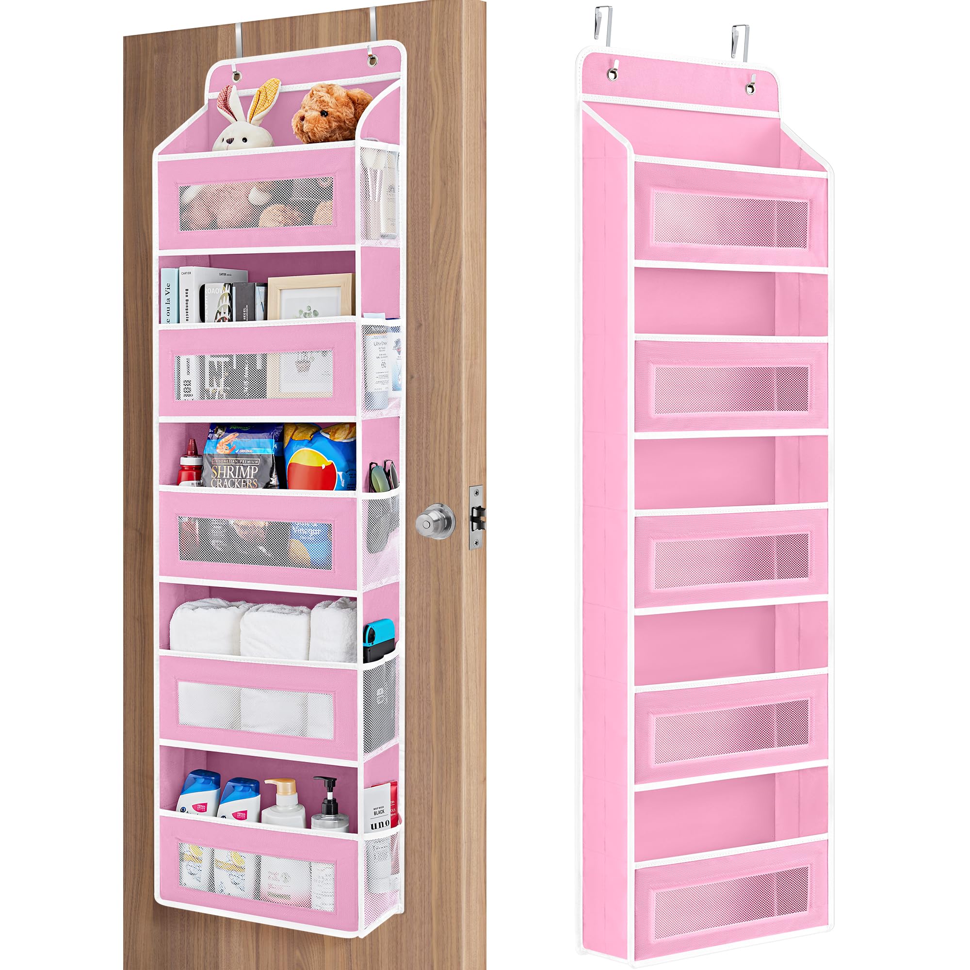 JARLINK Over the Door Organizer for Bedroom, Pantry, Bathroom, 5 Shelf Pink | Anti-Tilt Design, 44 lb Load Capacity, Hanging Door Organizer with 5 Large Capacity Pockets, Behind Door Storage for Nursery