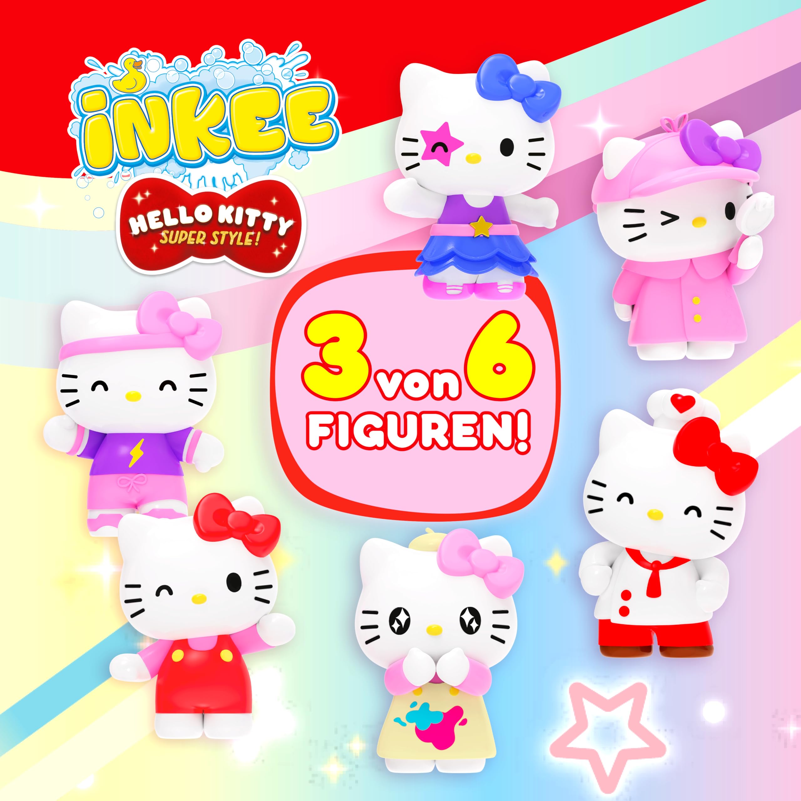 INKEE Hello Kitty 3 Pack - bombe da bagno per bambini con sorpresa - 3 di 6 figure di Hello Kitty da collezionare - 3x palline da bagno da 80 g al gusto di anguria e olio di jojoba, rosa o rosso