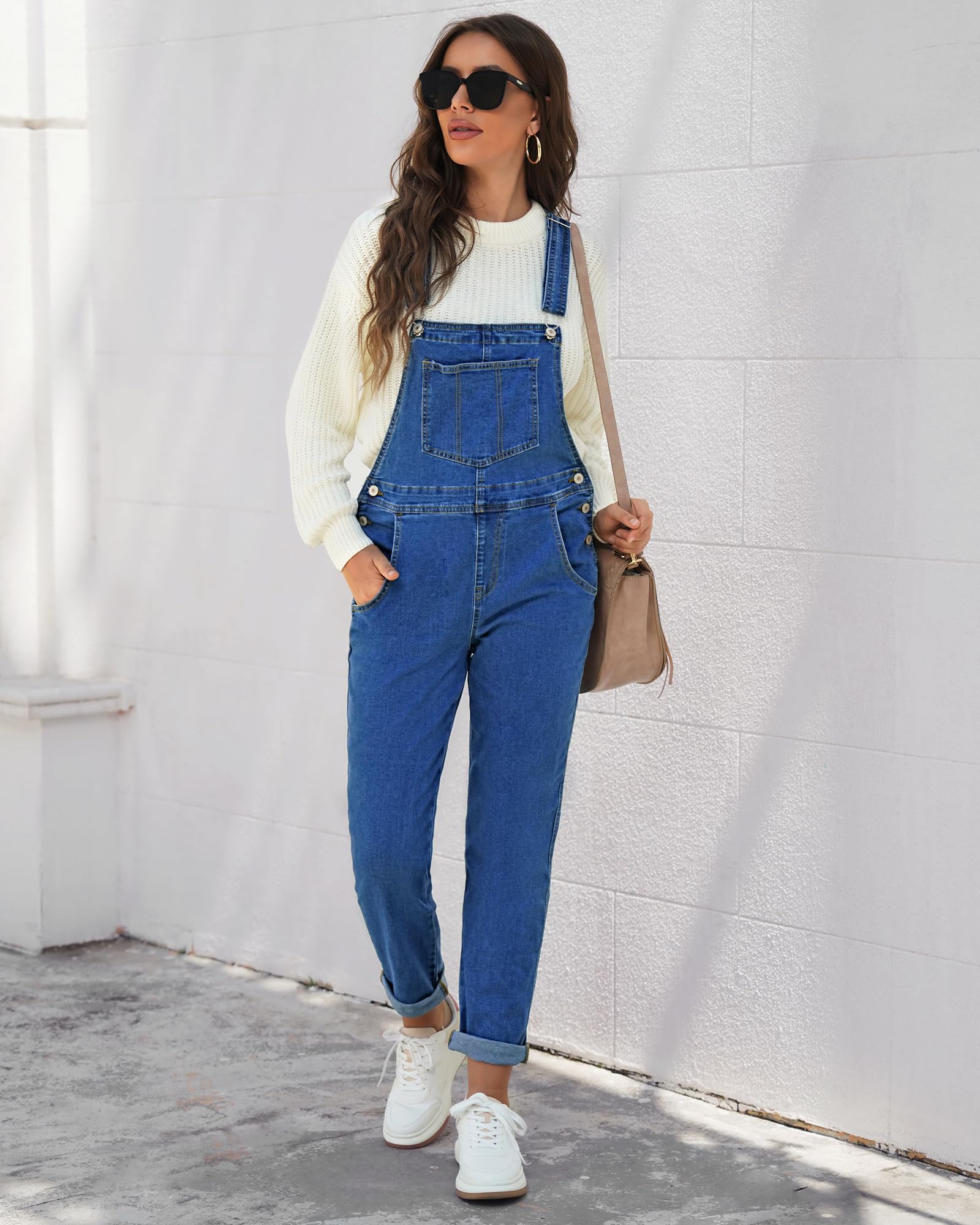 Roskiky - Salopette casual da donna in denim elasticizzato, con tasche