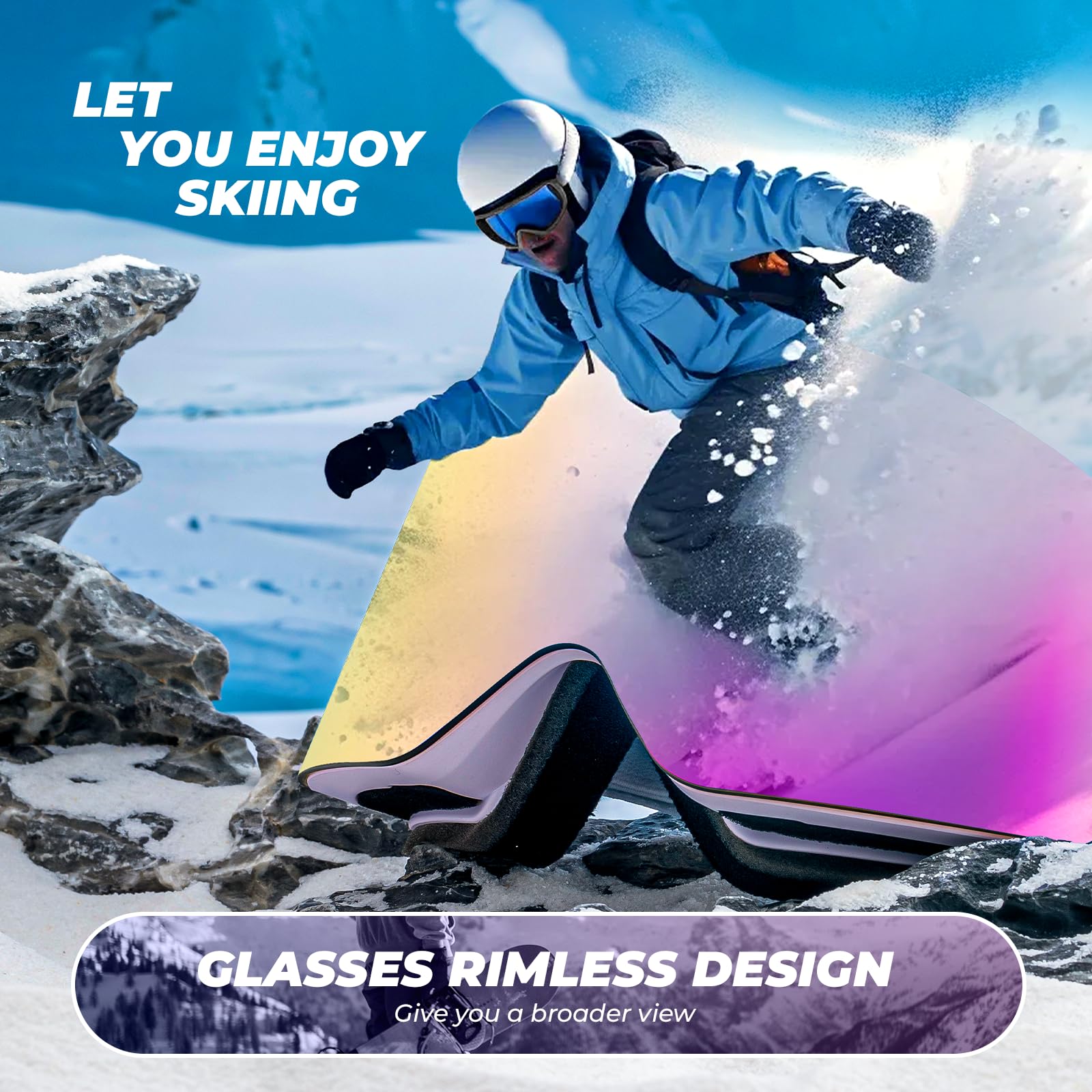 Gogle Narciarskie Gogle Śniegowe Ochrona UV Damskie/Męskie Przeciwmgielne Oddychające Kompatybilne z Kaskiem Gogle Snowboardowe dla Osób Noszących Okulary, Jazda na Nartach/Snowboardzie