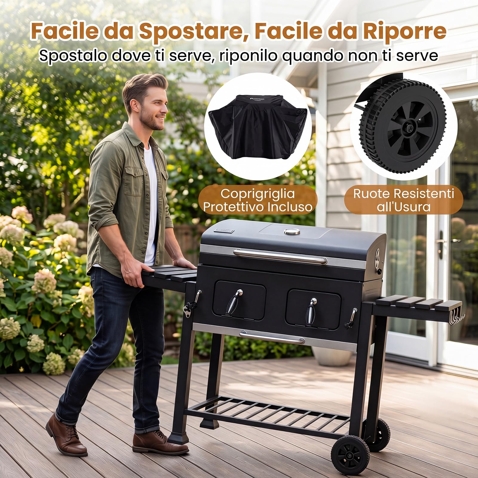 COSTWAY Barbecue a Carbone, Barbecue Portatile Affumicatore con Ruote | Griglia Regolabile in Altezza e Tavolini Laterali,Carrello BBQ da Esterno con Copertura e Termometro per Giardino e Campeggio