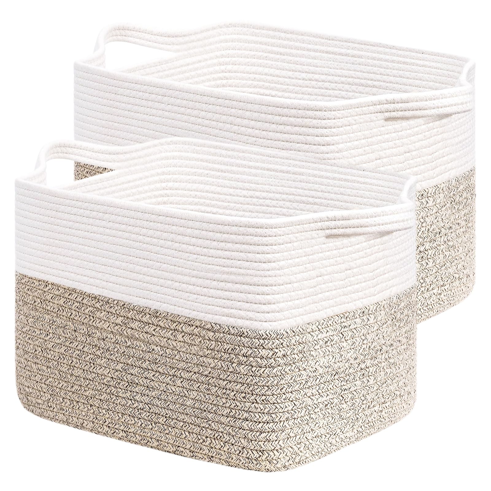 MEIDIV 2 Pack Cotton Rope Storage Baskets for Shelves, 33x25x23cm Soft Woven Baskets for Closet Storage, Woven Basket with Handle, Storage Bins for Living Room, Laundry Basket for Clothes Toy Storage