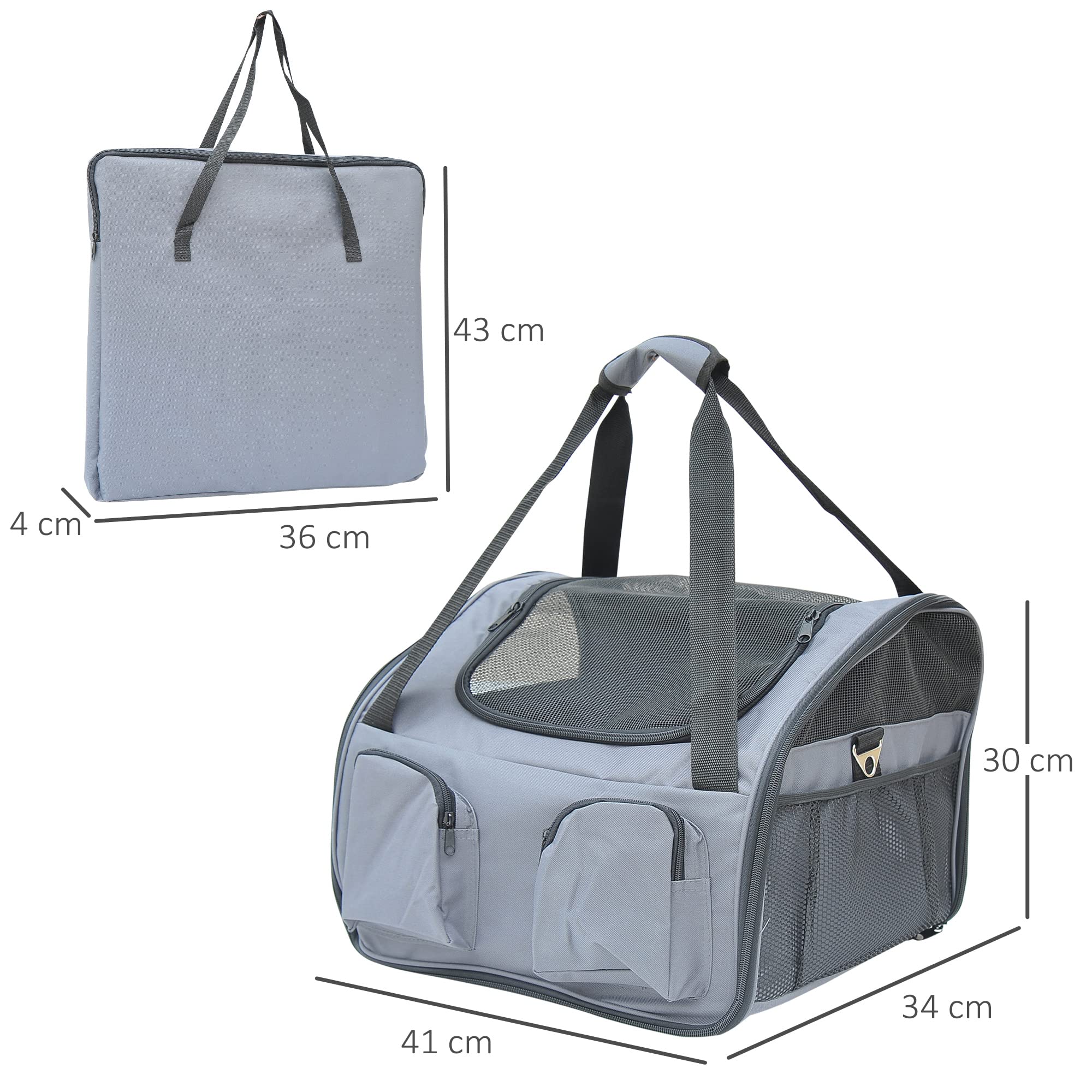 PawHut Hundetasche Auto Hundebox Transportbox Tragetasche Autositz Katze, 41 x 34 x 30 cm, Oxford Gewebe grau