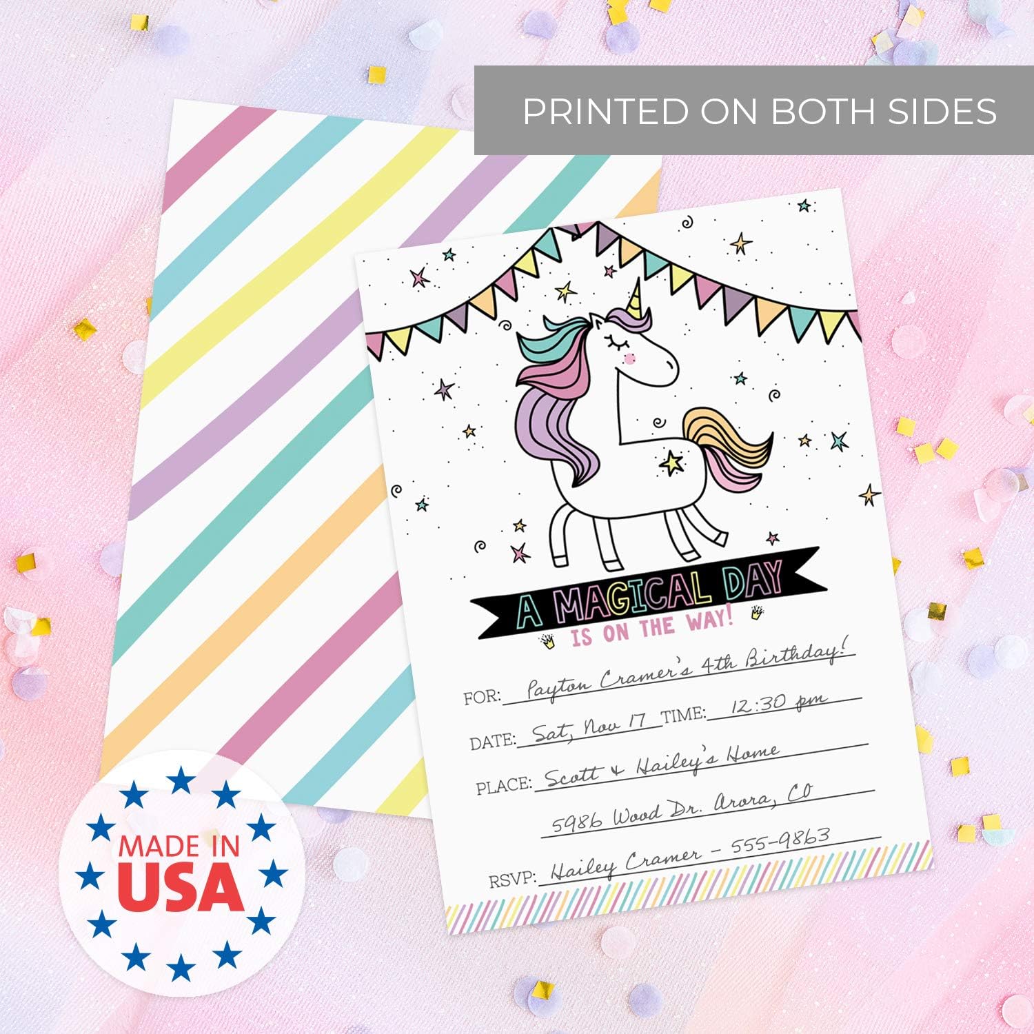 Canopy Street Rainbow Unicorn Party Invites / 25 Fill In Invitation Cards With White Envelopes/Magical Whimsical Invitations / 5" x 7" Flat Pastel Birthday Invite Cards/Made In The USA
