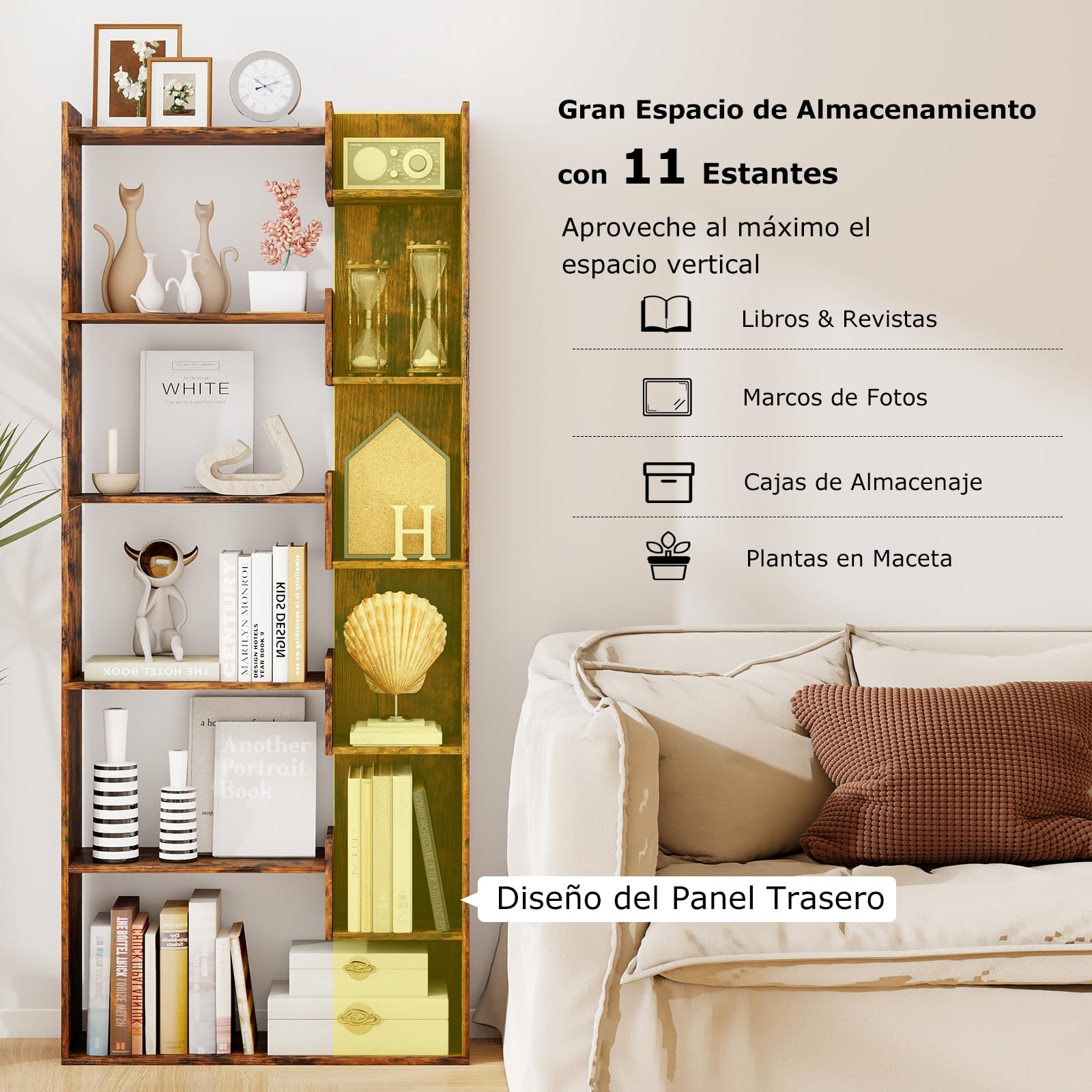 GOPLUS Librería de Madera de 6 Niveles, Estantería Alta con Sistema Antivuelco, Separador de Ambientes Independiente, Soporte de Exhibición para Dormitorio y Oficina (Marrón Rústico)