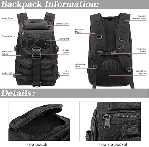Miniatura 9 de Mochila táctica militar para hombres y mujeres, bolsa de 35 L, bolsa de insectos del ejército, camping, senderismo, senderismo, mochila de 3 días