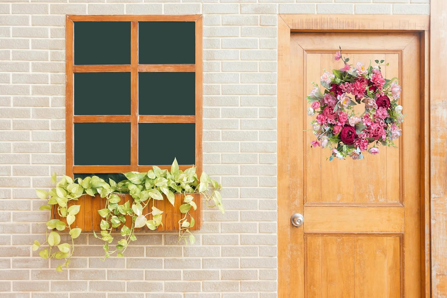 18 Inch Spring Wreaths for Front Door, Artificial Peony & Hydrangea Floral Front Door Wreath Outside Pink Floral Door Wreaths for Front Door Outside with Grapevine, Decorative Handmade (Pink)
