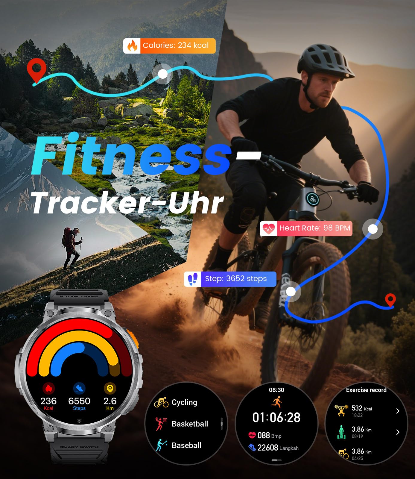 ESFOE Reloj Inteligente Hombre Militar con 1000mAh/LED Linterna,1.85” Grandes Smartwatch Hombre Llamadas,5 ATM Impermeable/130+ Modos Deportivos/Pulsómetro,Pulsera Actividad Android iOS Carbón Mate