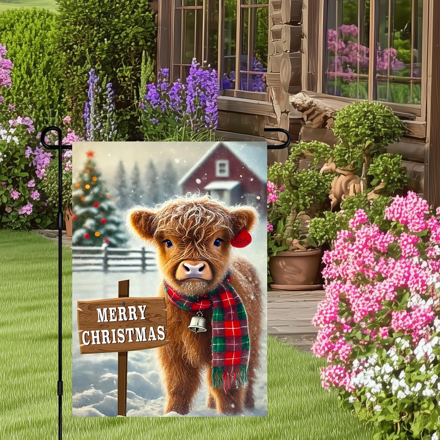 Merry Christmas Garden Flag, 12x18" Double Sided Highland Cow Snowing Garden Flag Farmhouse Winter Outdoor Yard Decoration - Image 5