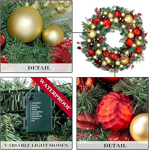 Miniatura 3 de WANNA-CUL Pre-lit 9Feet /108 Inch Christmas Garland with Lights for Front Door, Red Gold Ligthed Christmas Mantel Garland Decoration with Ball