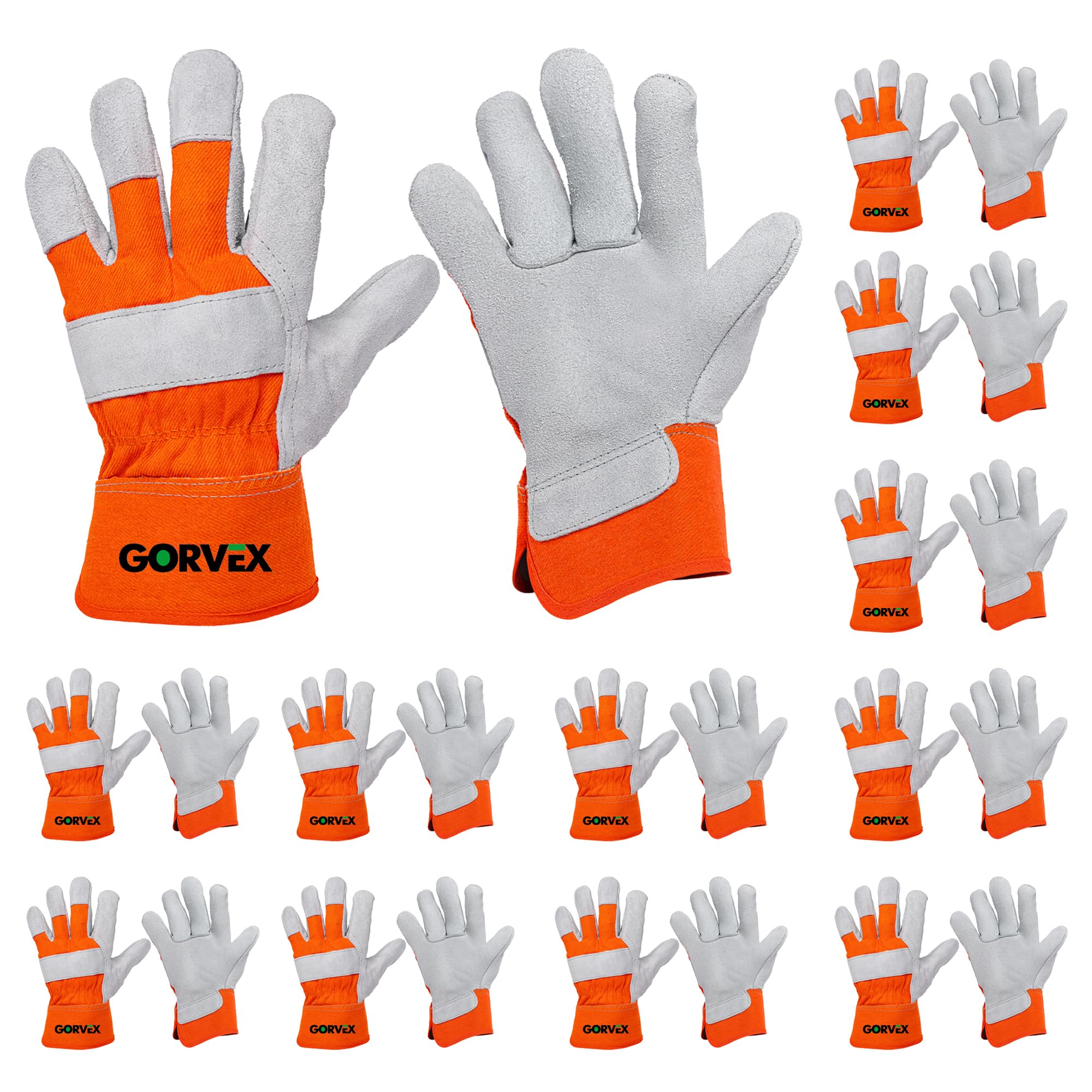 12 Pair Leather Work Gloves for Men - Heavy Duty Premium Split Cowhide Leather Palm Working Gloves for Construction, Equipment Operation, Demolition,