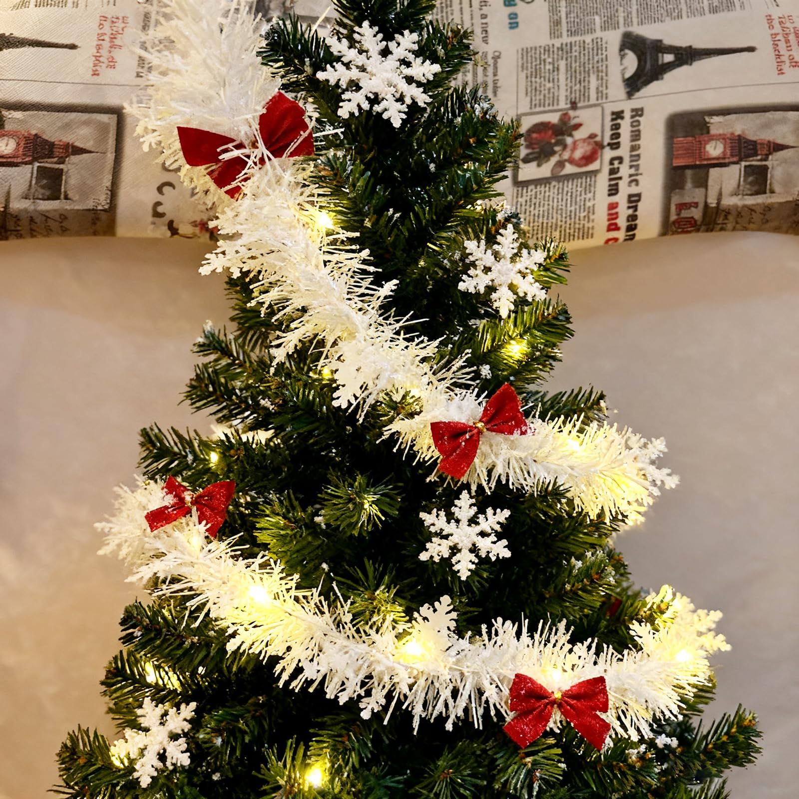 5m Weihnachtsgirlande mit Beleuchtung und Timer, Girlande Weihnachten, Weihnachtsbeleuchtung Treppengeländer Tannengirlande Treppe Kamin, Beleuchtete Weihnachtsdeko Weiß Schneeflocken Küche, Haushalt & Wohnen