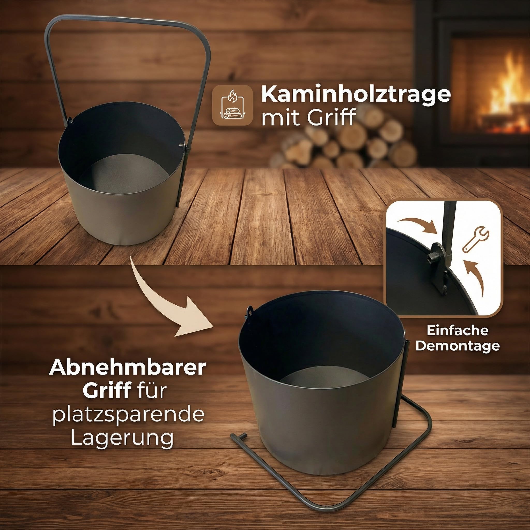 Kapaga - Holzkörbe, Kaminholzkorb aus Metall ⌀ 40 cm, Holzlager innen, Geschweißt - Sofort einsatzbereit, Pulverbeschichtet, Stabiler Holzständer, Feuerholzkorb, Faltbarer Korb mit Griff