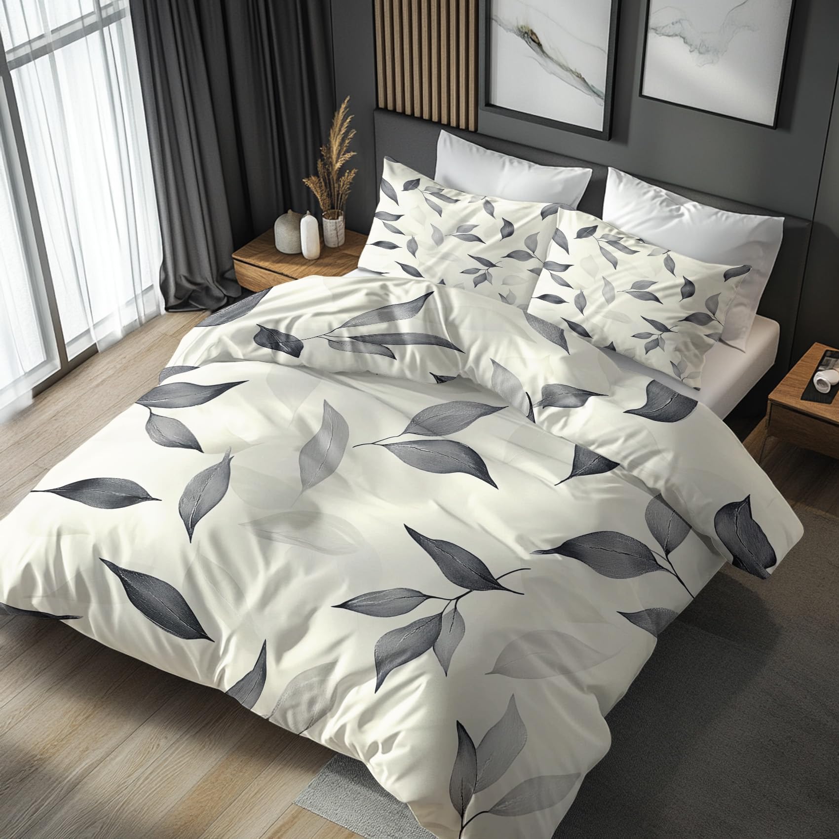 Nogawa Gray Leaf Bedding Emperor Size - Leaves Duvet Cover, Reversible Quilt Cover & 2 Pillowcases With Zip And Ties, Ultra Soft And Breathable Brushed Microfibre Bed Set