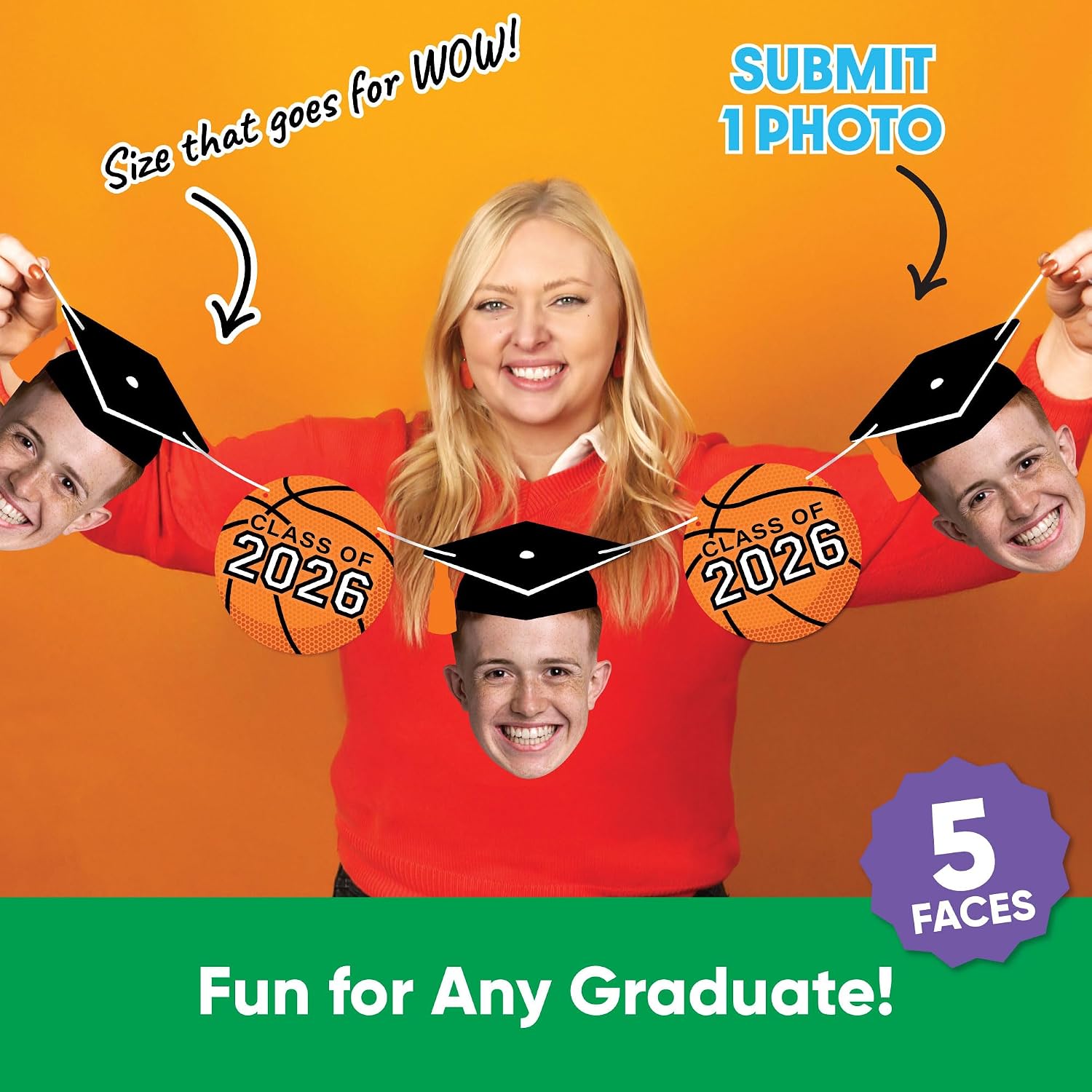 Big Dot of Happiness Custom Photo Basketball Graduation Garland Banner, Personalized Grad Party Decoration, Face Cutout Banner Backdrop, 30 Feet of Cord, 5 2026 Shapes & 5 Faces with Grad Caps