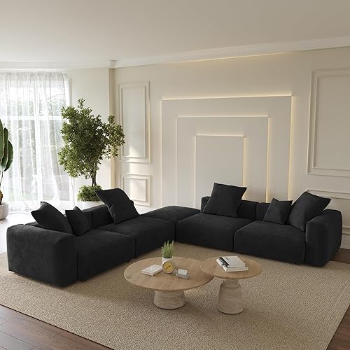 Oversized Modular Sectional Sofa with Ottomans,5 Seater Corduroy V Shaped Reversible Corner Couch,141.73" Convertible Sofa & Couch Free Combination for Living Rooom,Black