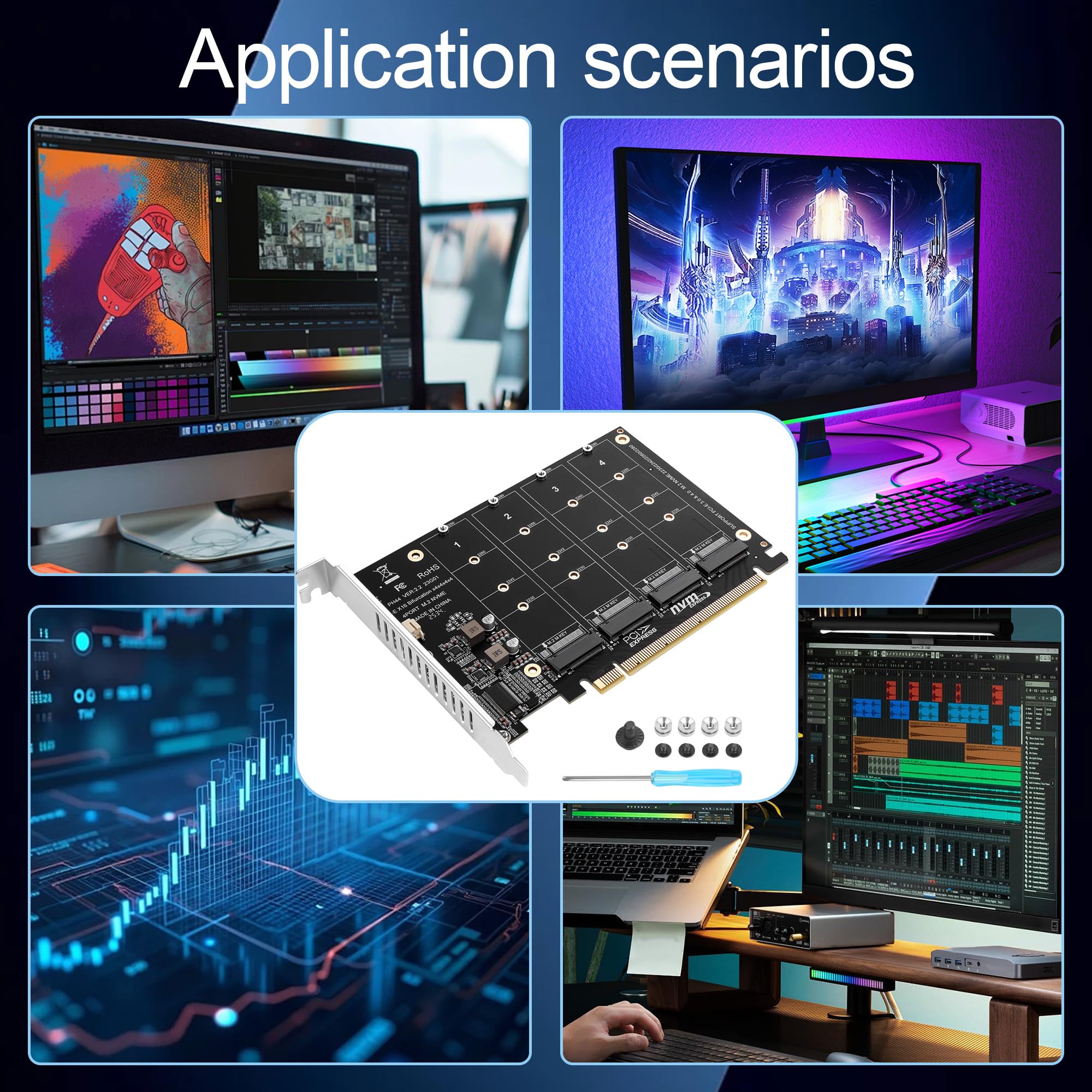 PCIe 4.0 x16 na 4-portowa karta adaptera M.2 NVMe SSD, kontroler PCIe Bifurcation RAID, pełna prędkość 4 x 64 Gb/s, obsługuje 4 x dysk SSD NVMe z indywidualnymi światłami LED