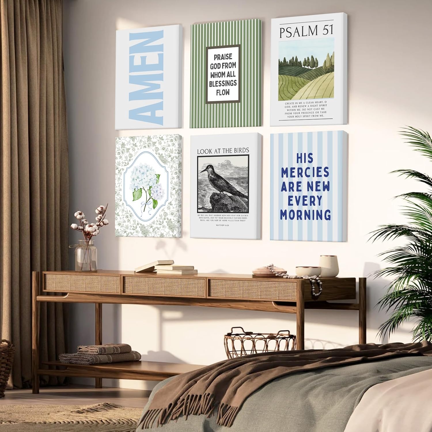 Blue Green Christian Wall Art Decor Bible Verse Canvas Poster Preppy Scripture Pictures Trendy Religious Prints Aesthetic Floral Artwork Painting for Bedroom Living Room 8x10 Inch Ready to Hang 6Pcs