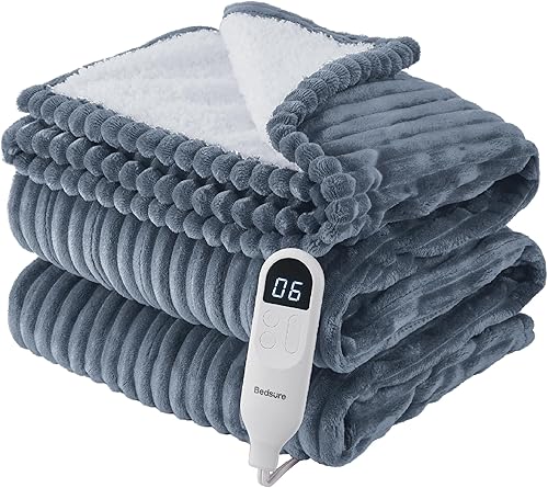 Bedsure Manta eléctrica individual  Manta térmica de franela suave acanalada, manta térmica con 10 ajustes de tiempo, 6 ajustes de calor y