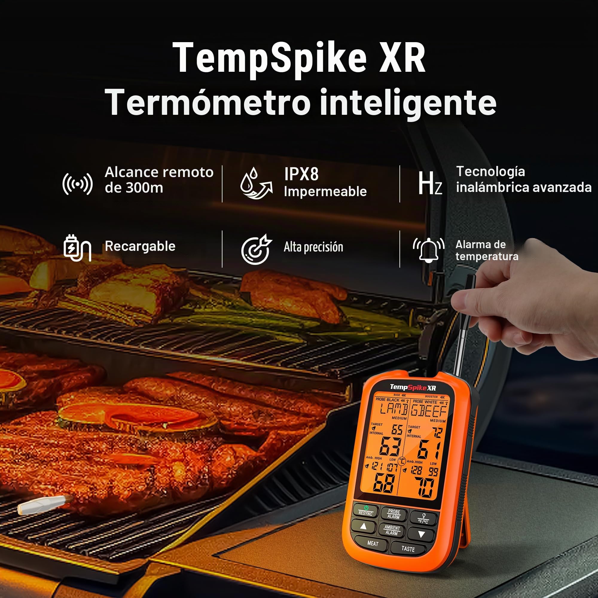 ThermoPro Termómetro inalámbrico para carne TempSpike XR hasta 300 m, con 2 sondas ultradelgadas para carne, termómetro digital inteligente para carne inalámbrico
