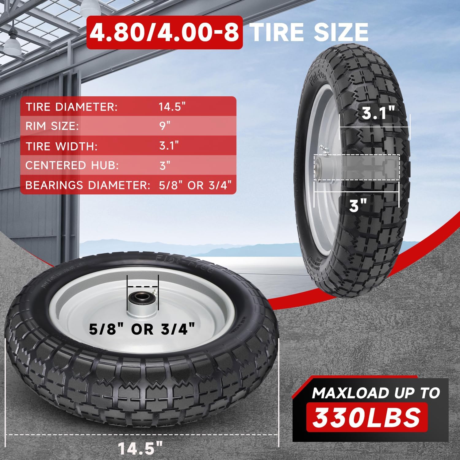 4.80/4.00-8 Tire and Wheel, 14.5" Flat Free Wheelbarrow Tire, 5/8" 3/4" Bearings Universal Solid Replacement Tires, 3" -7" Centered Hub for Hand Truck, Garden Cart, Includes Spacer Kit - Image 2