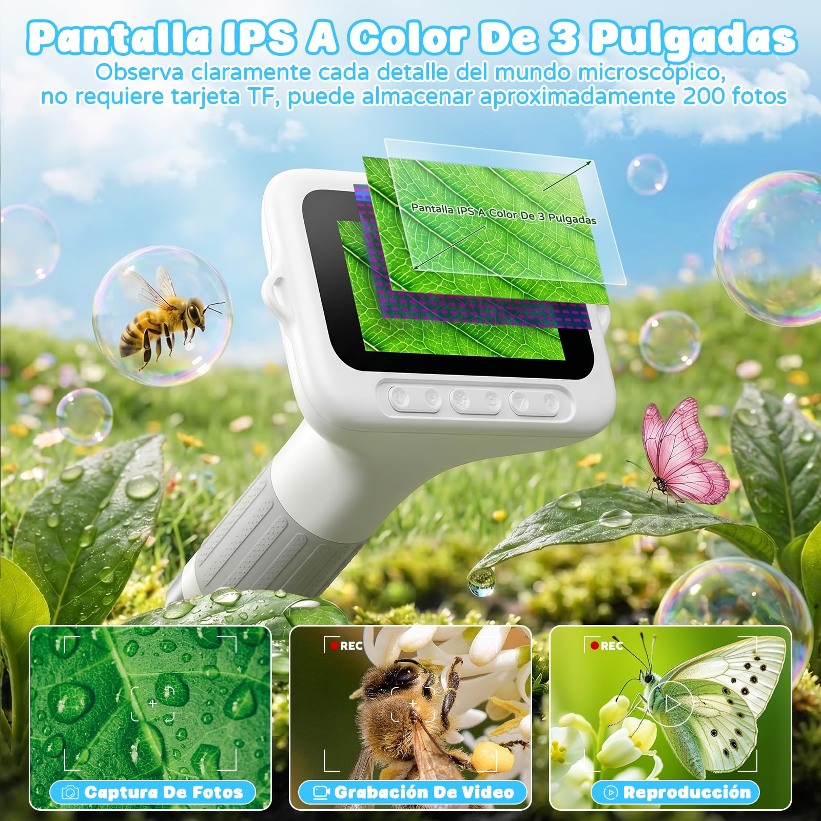 Microscopio Digital Niños 1000x, Microscopio Portátil Niños con Pantalla HD de 3,0 Pulgadas, Función de Fotografía y Compatible con PC para Jardín, Bosque y Al Aire Libre (Blanco)