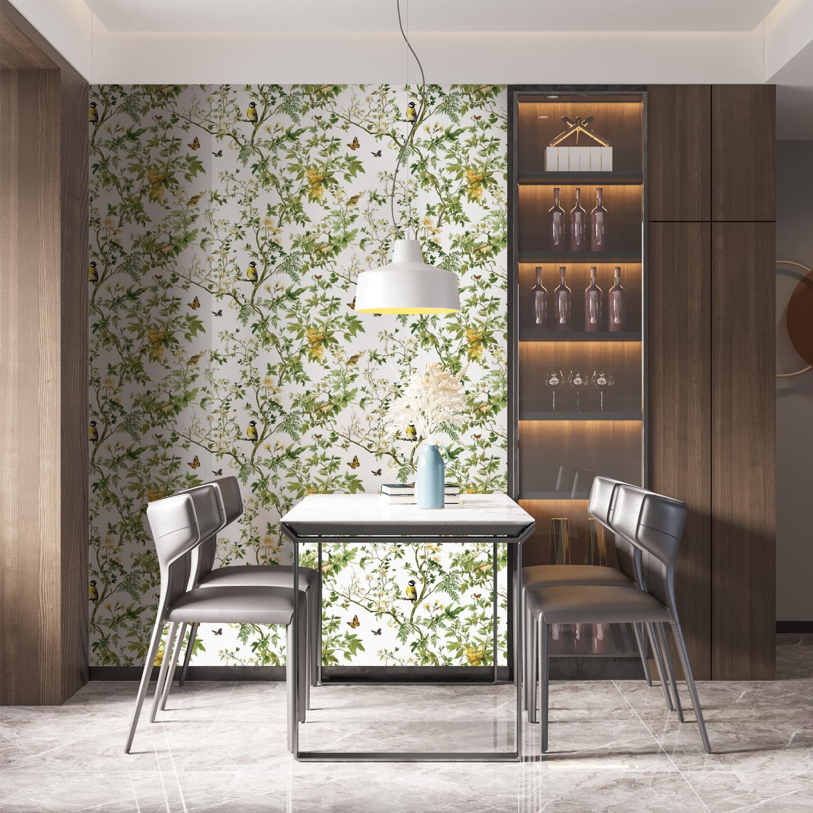 Papel Pintado Flores y Pajaros, 44 x 1000 cm Papel Adhesivo Diseño Verde Fresco de Flores y Pájaros Ramas Mariposas Plantas Boho Vinilo Adhesivo para Muebles,Libreria,Sala de Estar, Dormitorio,Baño