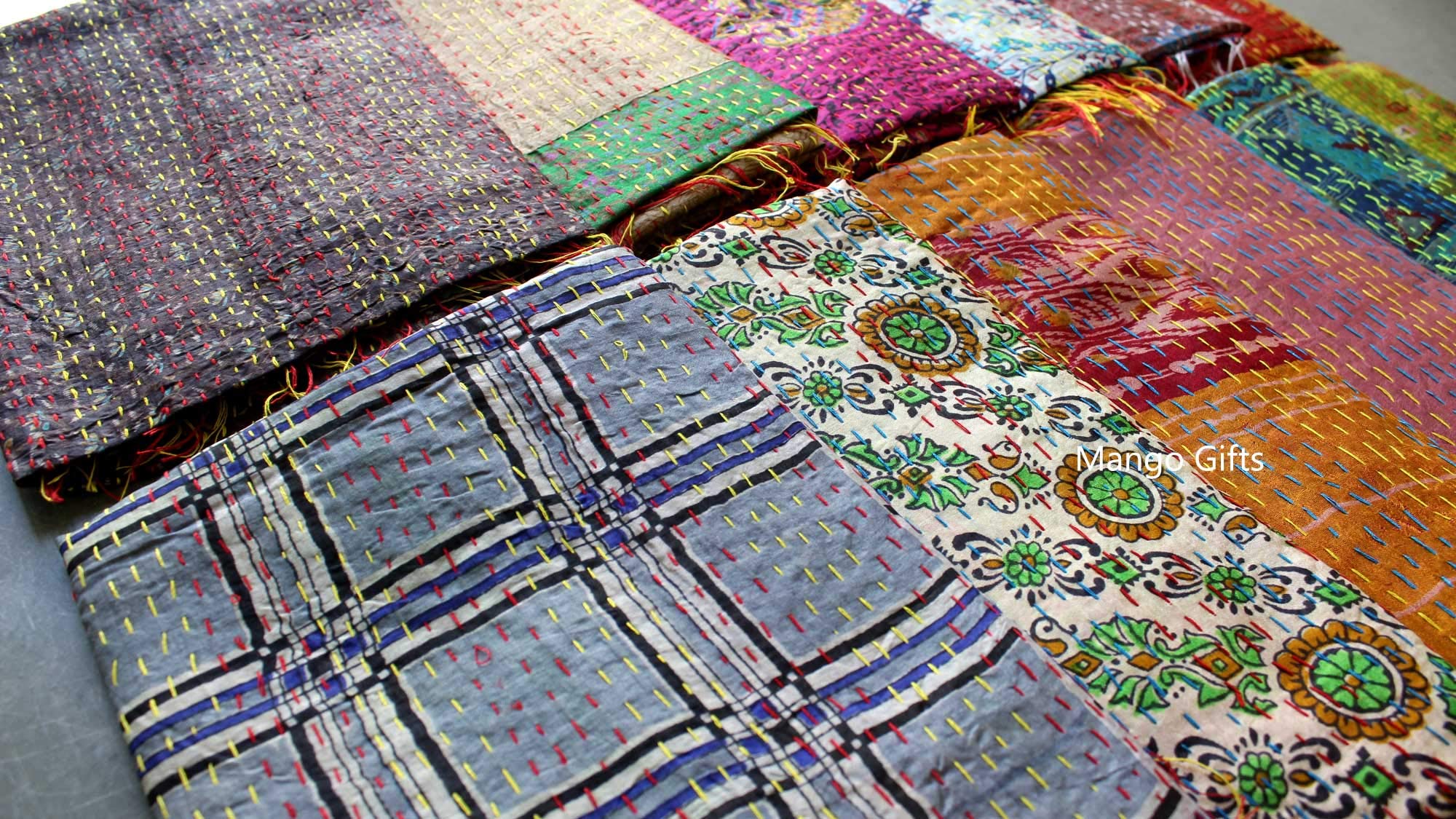 Sciarpa in seta vintage Kantha da lavoro in stile vintage, 10 pezzi