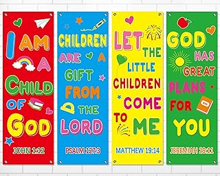 4Pcs Church Banners for Sanctuary Wall Religious Banners with Scripture Bible Christian Backdrop for Classroom Inspirational Religious Praise Hanging Signs for Church Sunday School Decoration