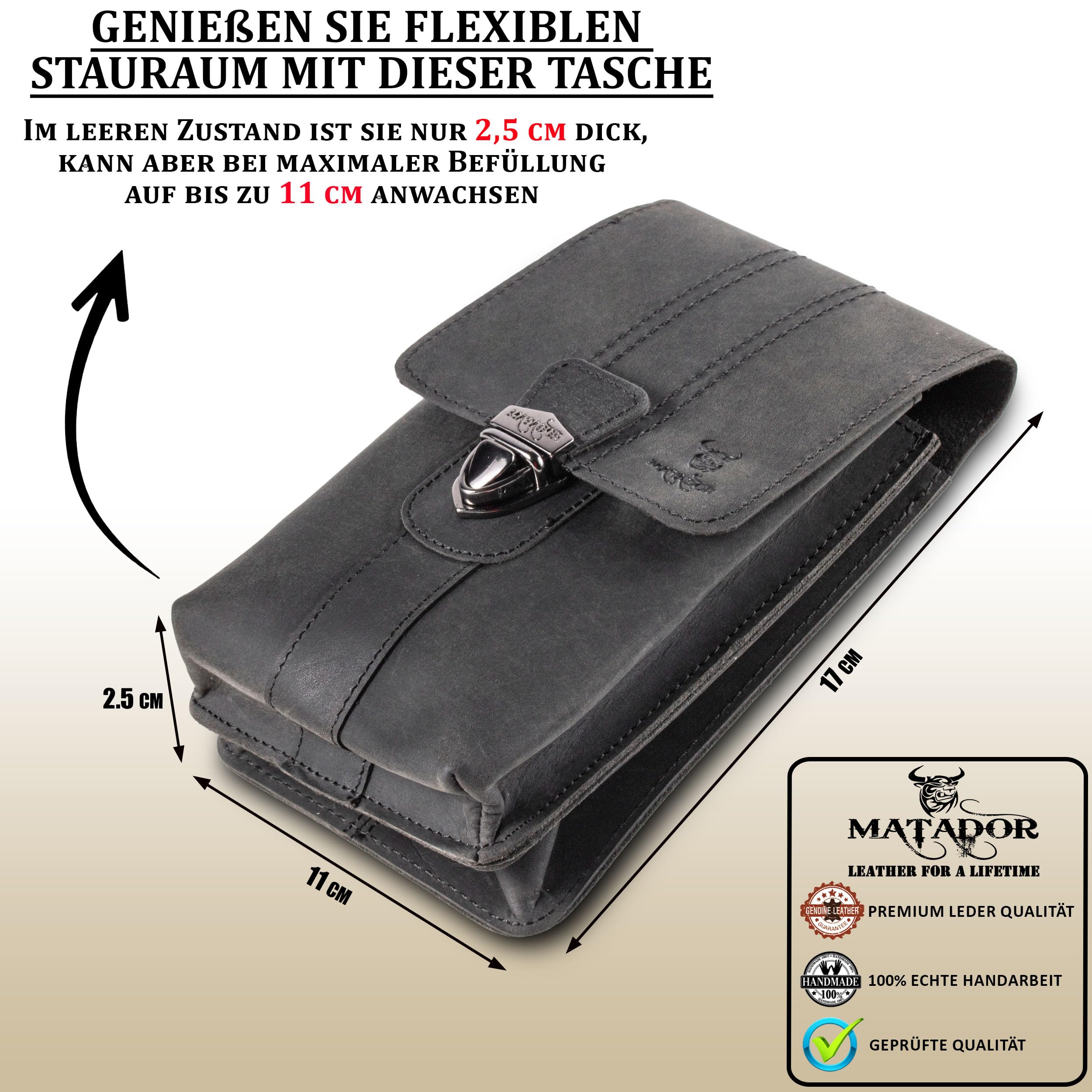 MATADOR Handy Gürteltasche Leder #Malaga XL, Geräumige Gürteltasche mit Doppelfach, Elegante Handy Tasche Gürtel für Smartphone bis 7,5 Zoll, praktisch für Alltag in Schwarz Nappa